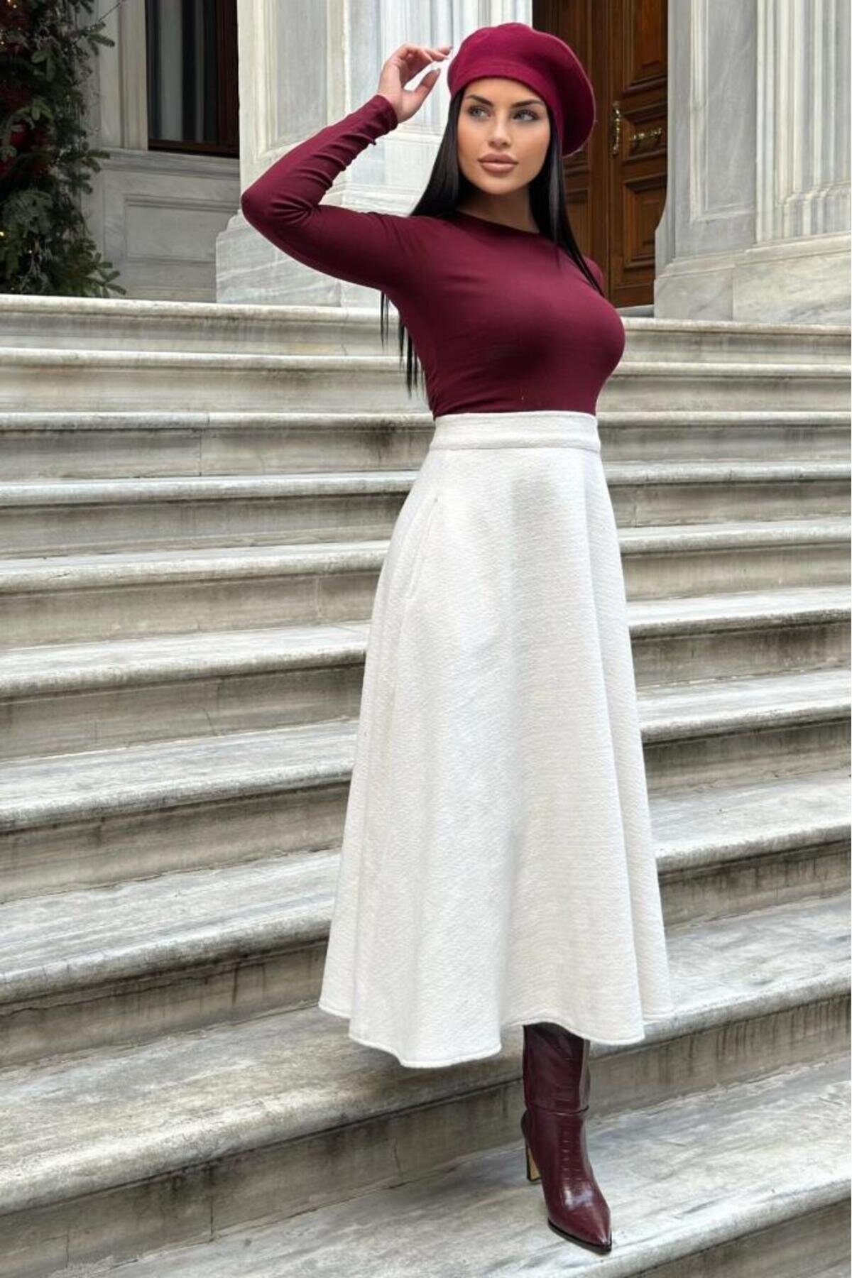 Long High-Waist Flared Winter Heathered Felt Pocketed Skirt - Ecru - Pasaklı Giyim