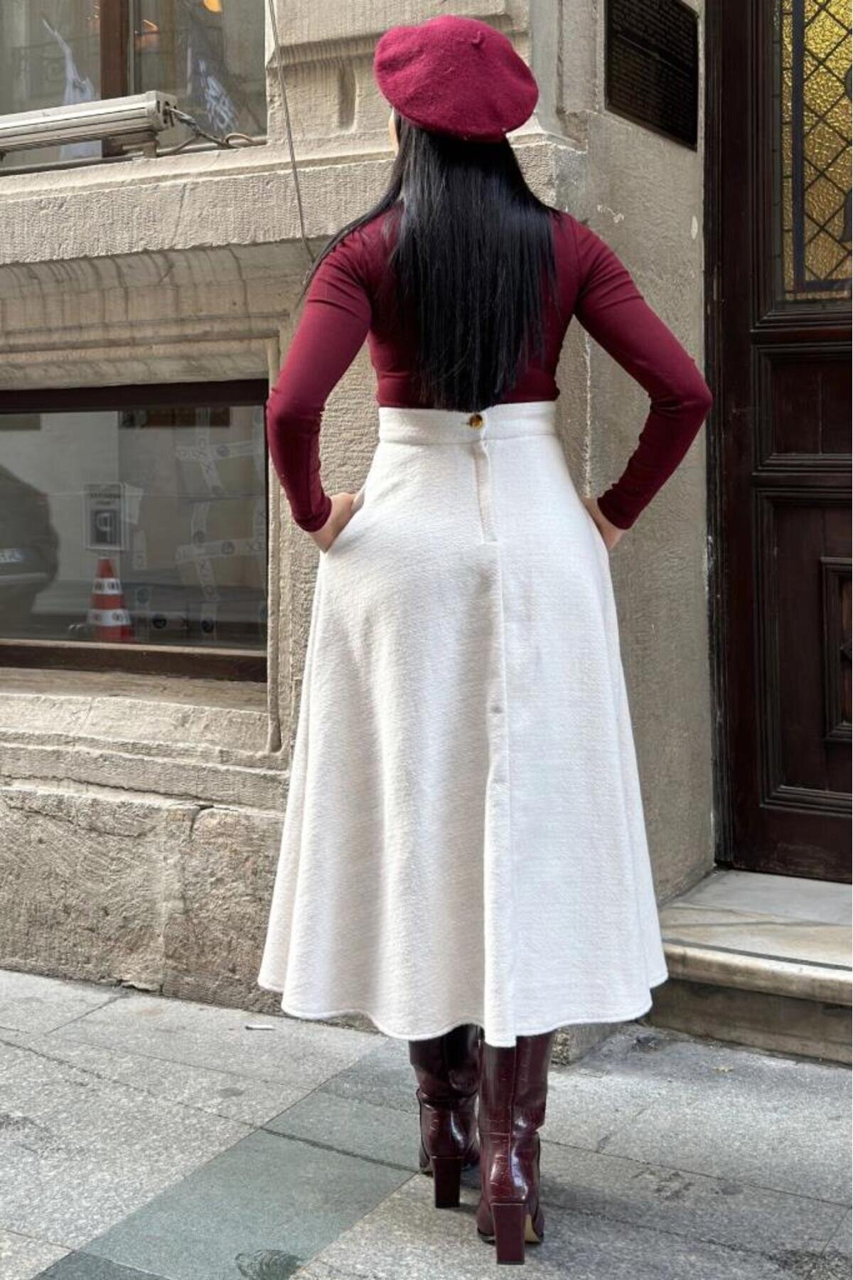 Long High-Waist Flared Winter Heathered Felt Pocketed Skirt - Ecru - Pasaklı Giyim