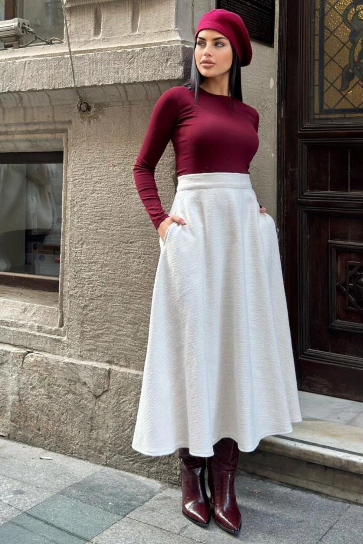 Long High-Waist Flared Winter Heathered Felt Pocketed Skirt - Ecru - Pasaklı Giyim