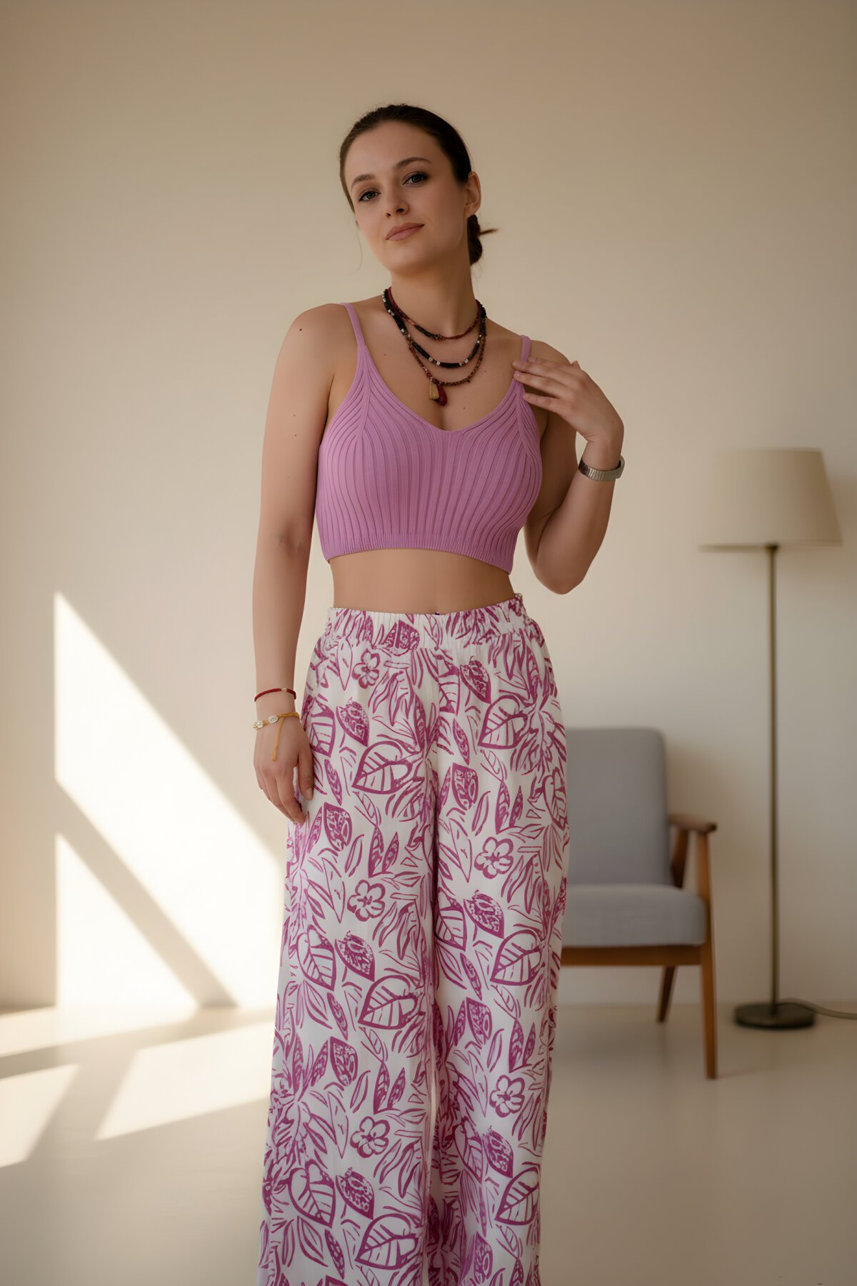 Fuşya Keten Desenli Bol Paça Oversize Salaş Yazlık Beli Lastikli Cepli Pantolon