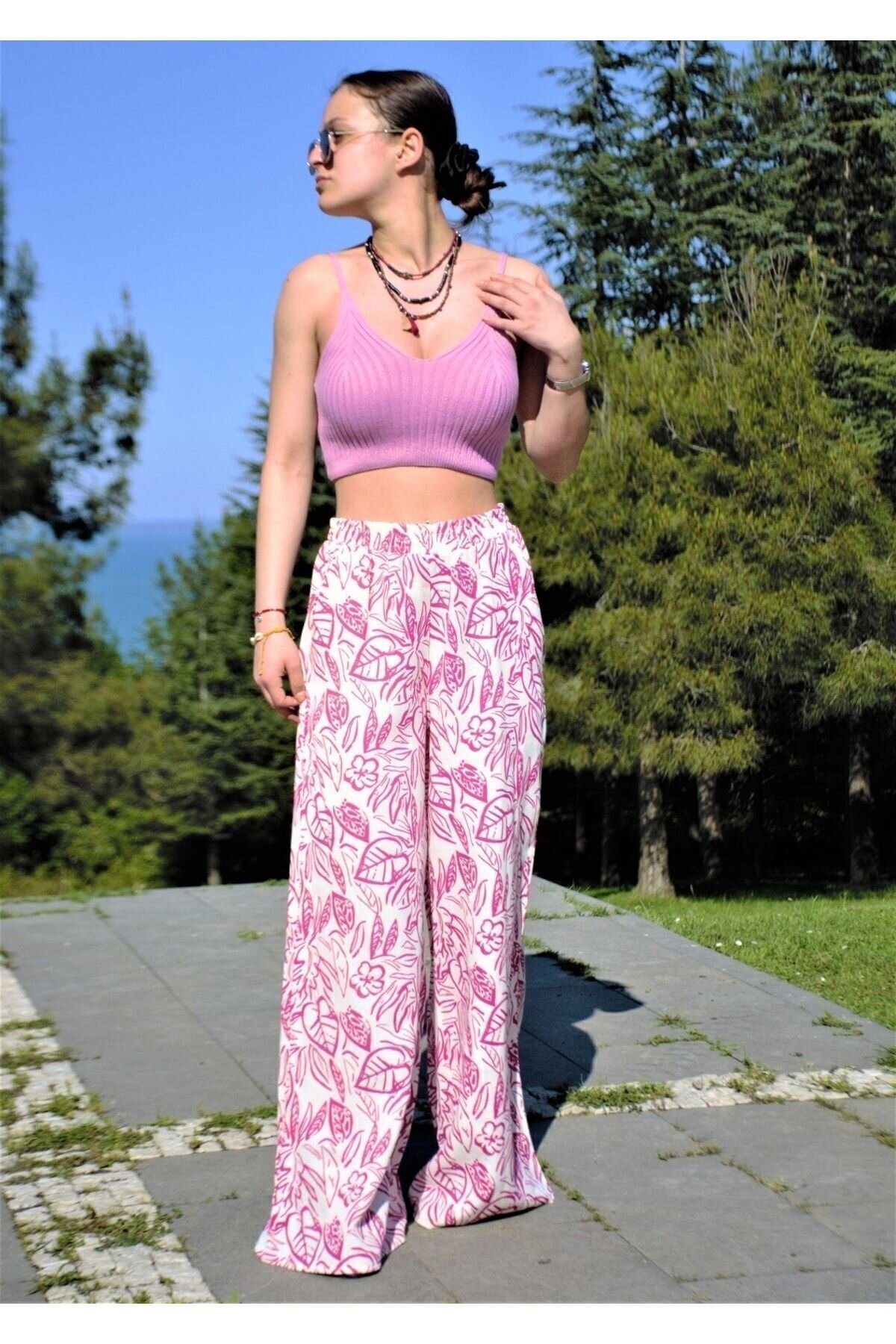 Oversized Wide-Leg Relaxed Summer Linen-Patterned Elastic-Waist Pocketed Pants - Fuchsia - Pasaklı Giyim