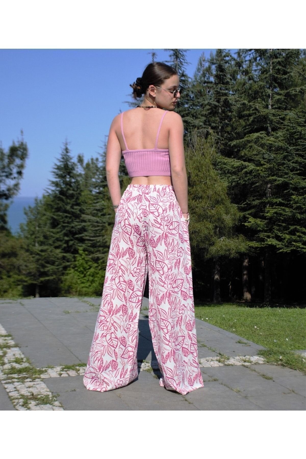 Oversized Wide-Leg Relaxed Summer Linen-Patterned Elastic-Waist Pocketed Pants - Fuchsia - Pasaklı Giyim