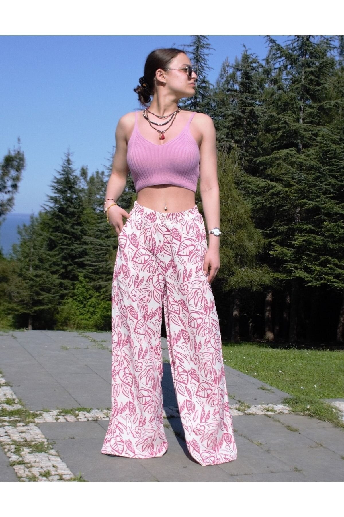 Oversized Wide-Leg Relaxed Summer Linen-Patterned Elastic-Waist Pocketed Pants - Fuchsia - Pasaklı Giyim