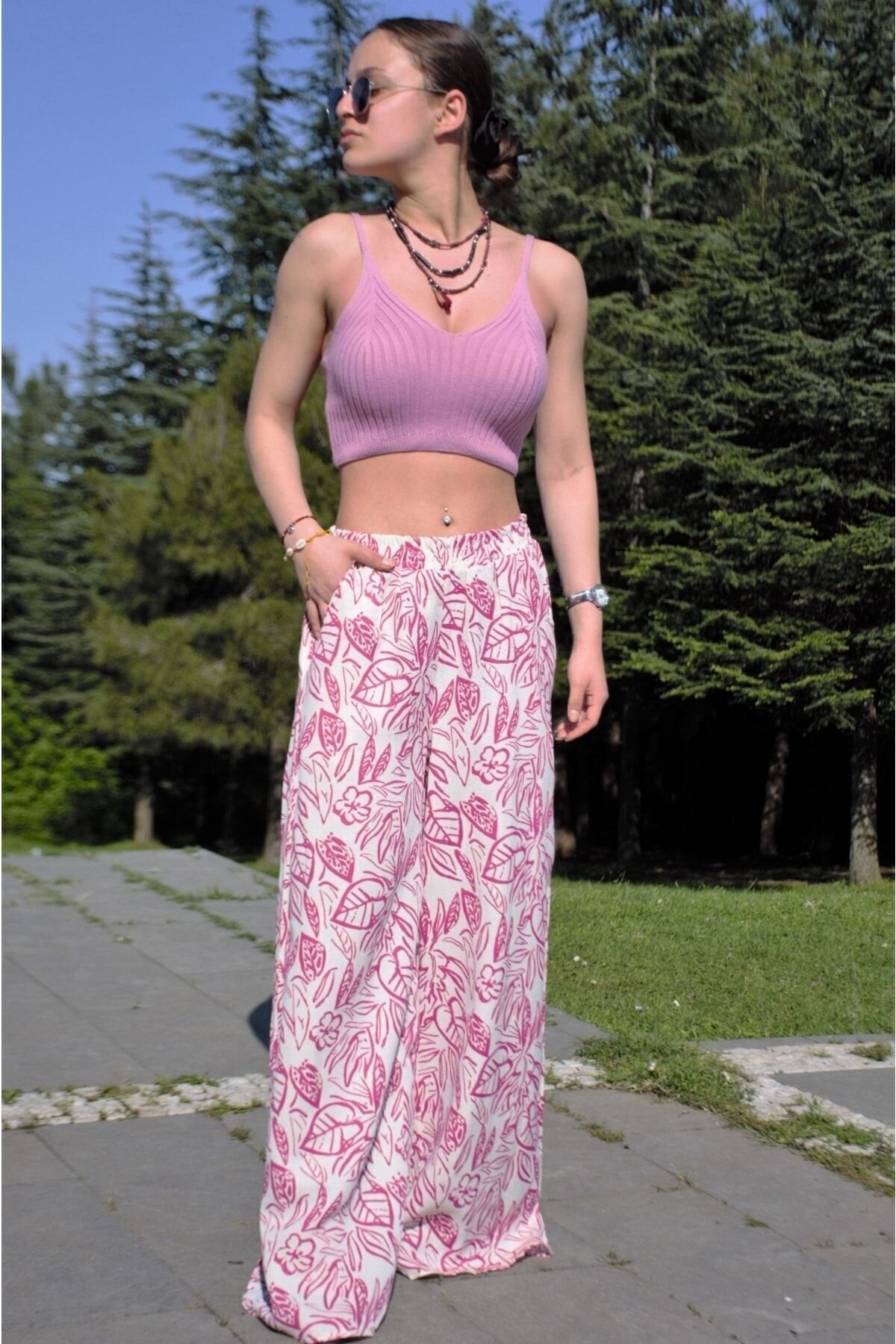 Oversized Wide-Leg Relaxed Summer Linen-Patterned Elastic-Waist Pocketed Pants - Fuchsia - Pasaklı Giyim