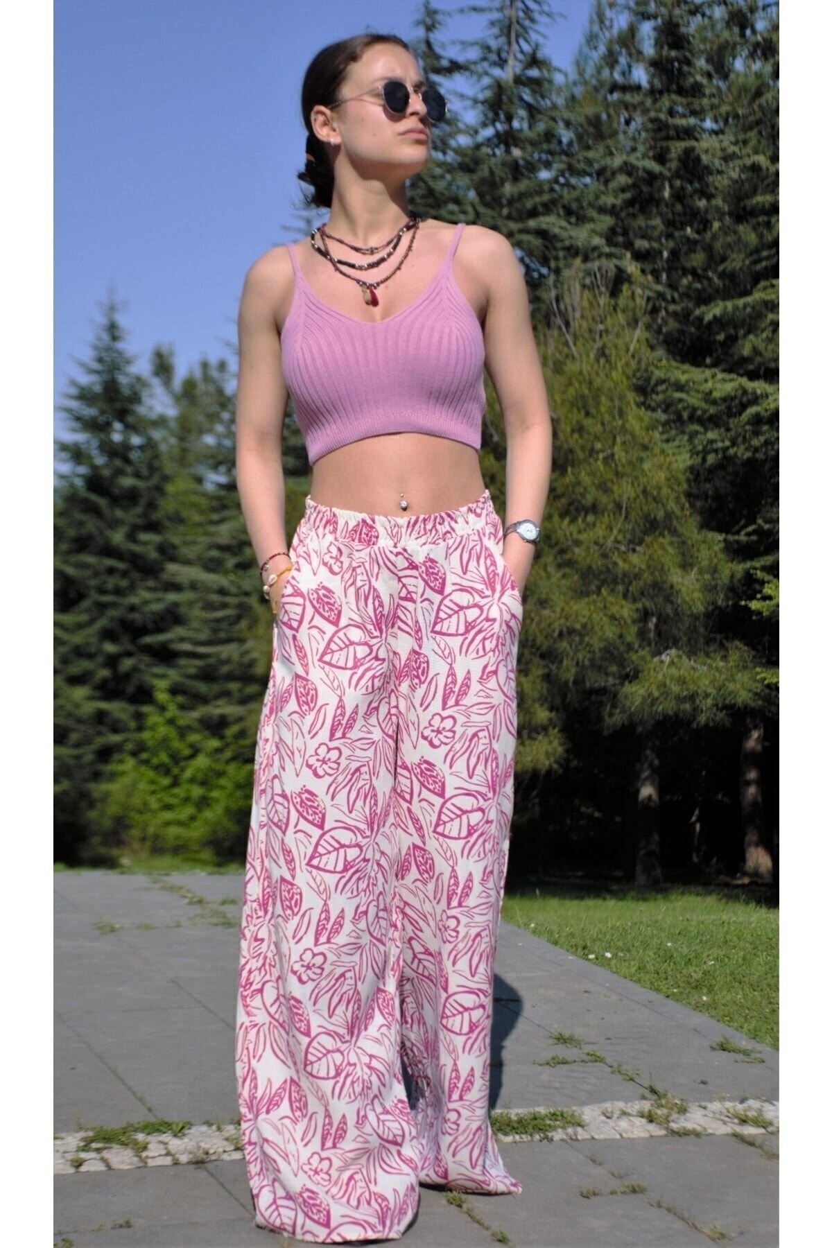 Oversized Wide-Leg Relaxed Summer Linen-Patterned Elastic-Waist Pocketed Pants - Fuchsia - Pasaklı Giyim