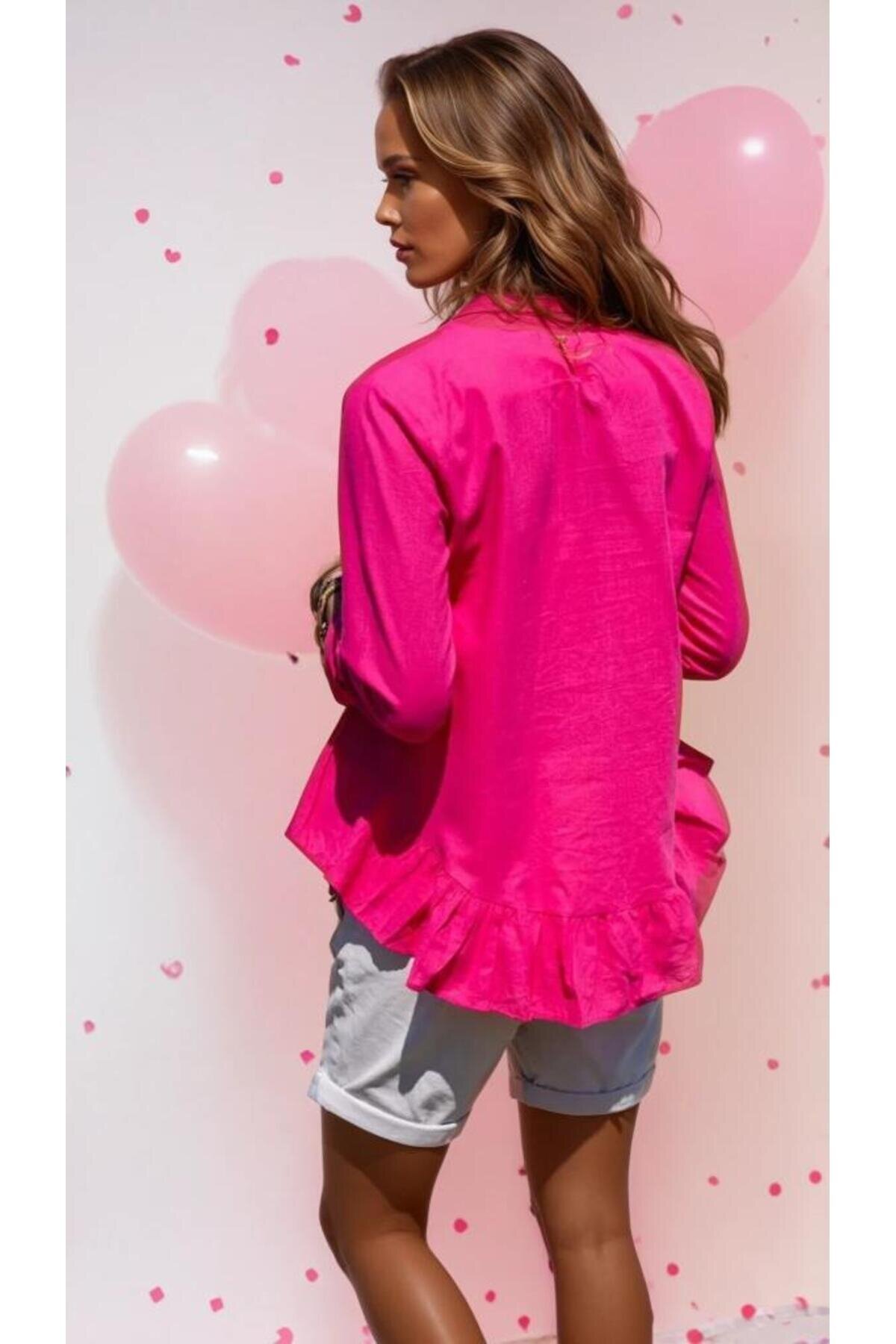 Relaxed Fit Long-Back Cotton Linen Ruffled Blouse - Fuchsia - Pasaklı Giyim