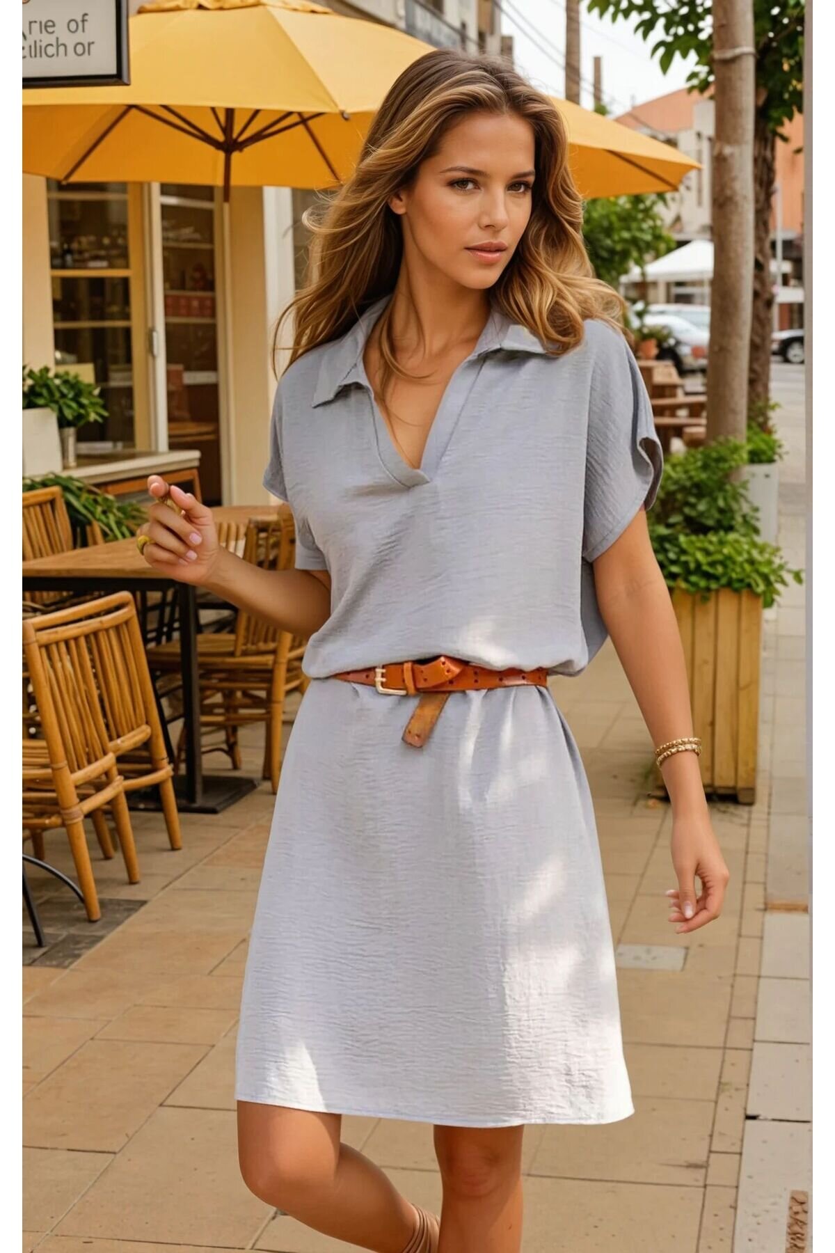 Midi Loose Fit Summer Short-Sleeve Polo-Collar Dress - Grey - Pasaklı Giyim