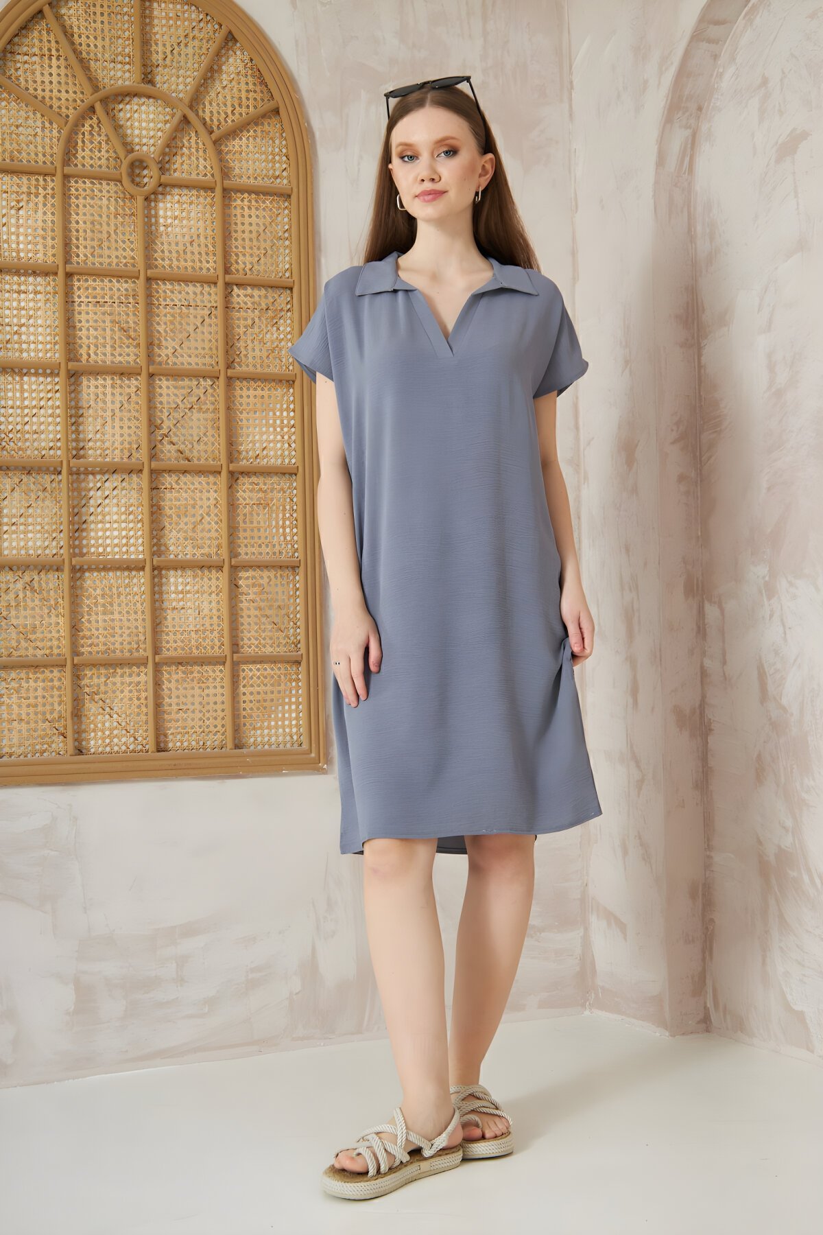 Gri Bol Kesim Kısa Kollu Polo Yaka Yazlık Midi Elbise - Pasaklı Giyim