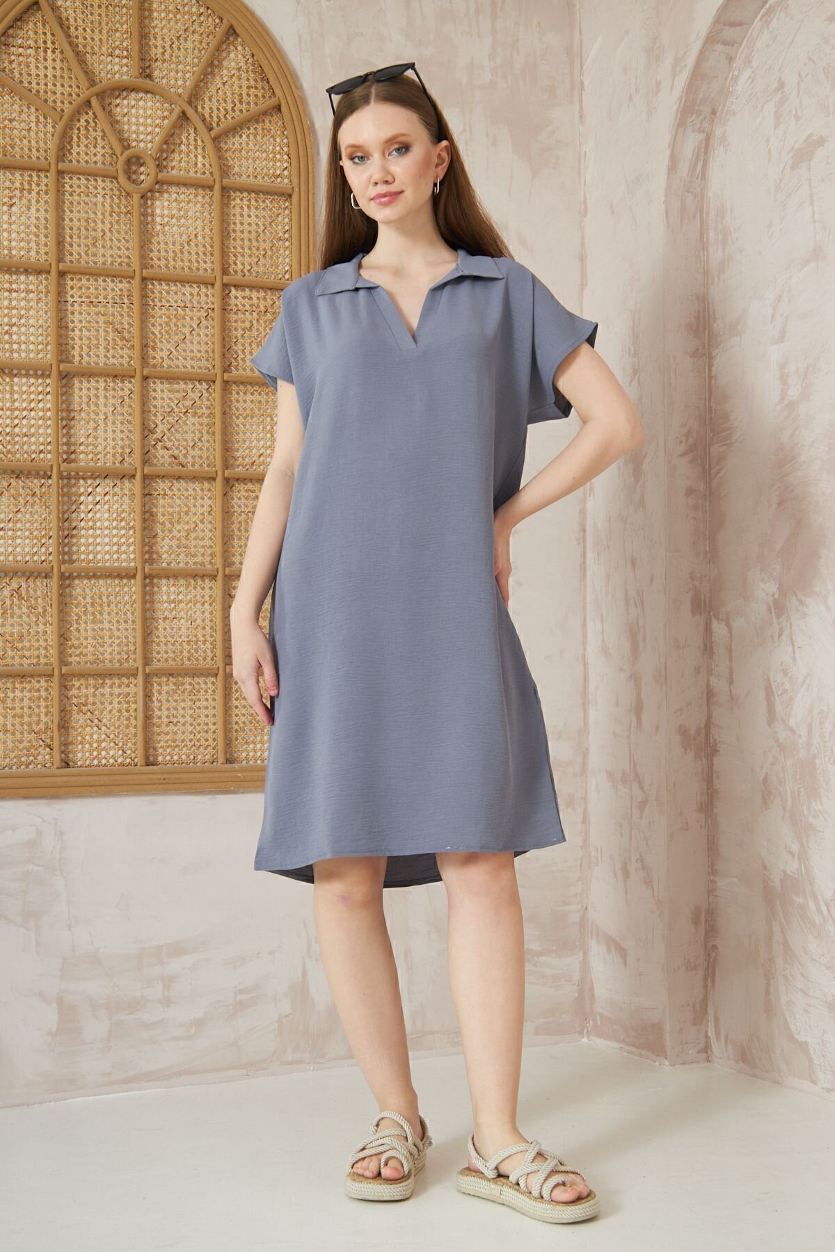 Midi Loose Fit Summer Short-Sleeve Polo-Collar Dress - Grey - Pasaklı Giyim