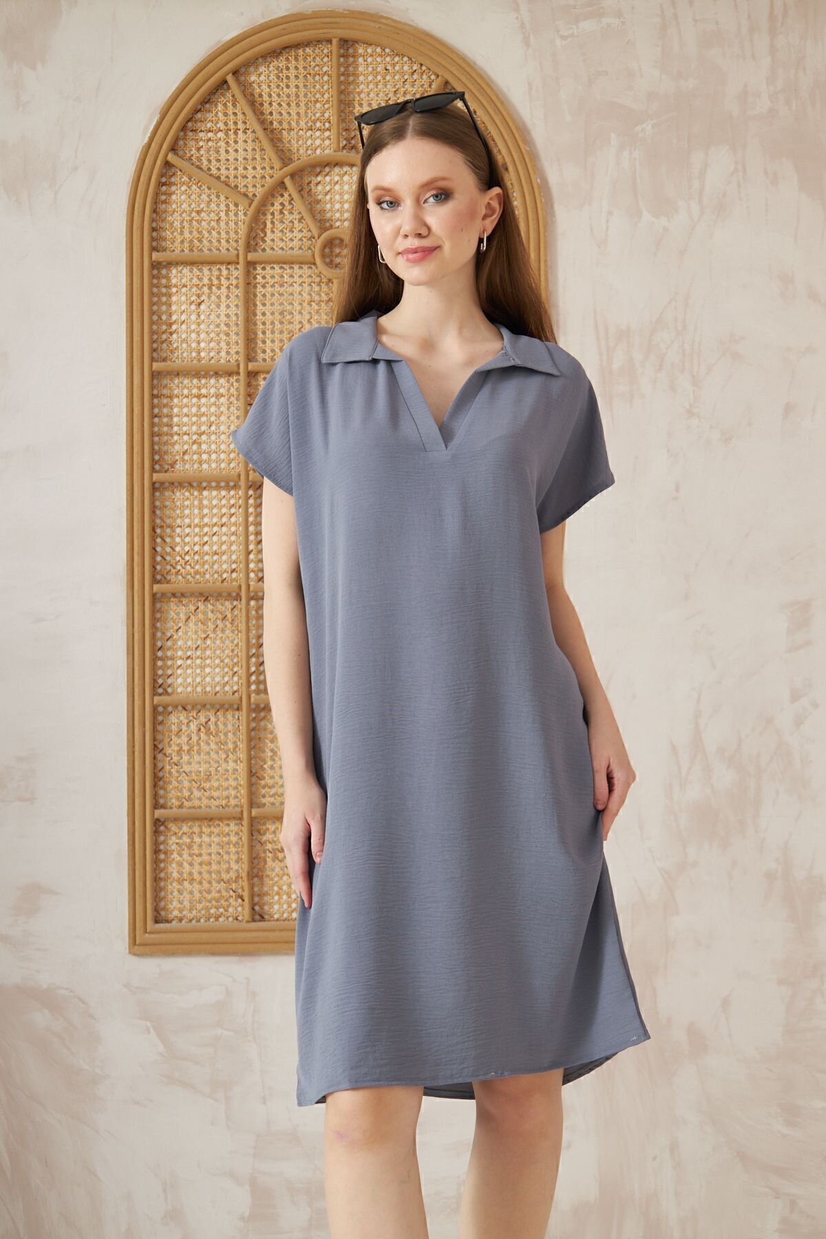 Midi Loose Fit Summer Short-Sleeve Polo-Collar Dress - Grey - Pasaklı Giyim
