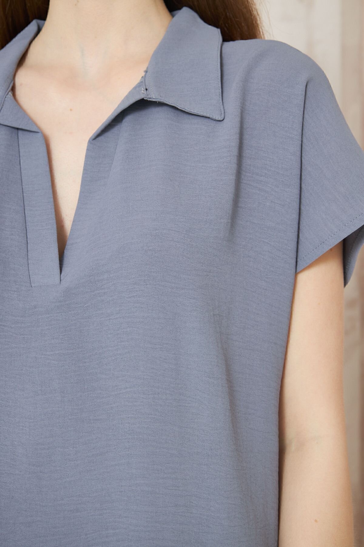 Midi Loose Fit Summer Short-Sleeve Polo-Collar Dress - Grey - Pasaklı Giyim
