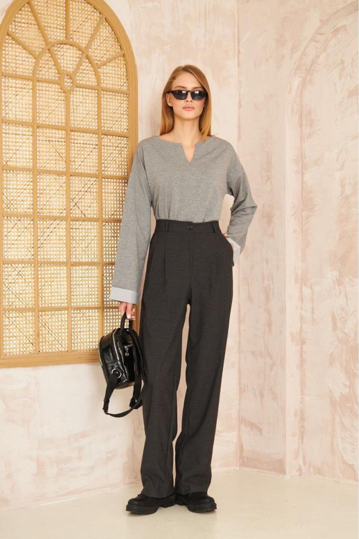 Extra Long Slouchy Slit-Neck Cuffed-Sleeve Sweatshirt - Gray - Pasaklı Giyim