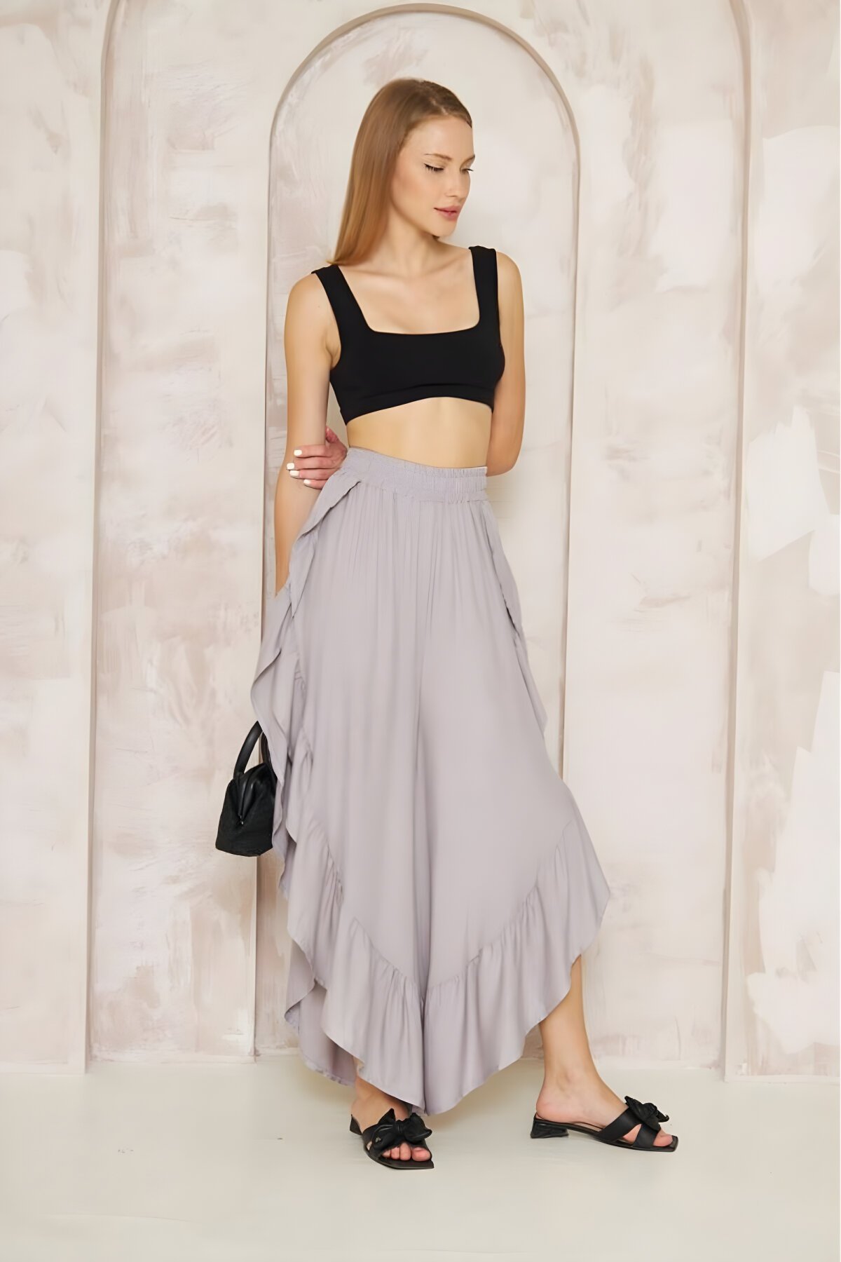 Gri Otantik Salaş Bohem Şalvar Etek Beli Lastikli Yırtmaçlı Pantolon - Pasaklı Giyim