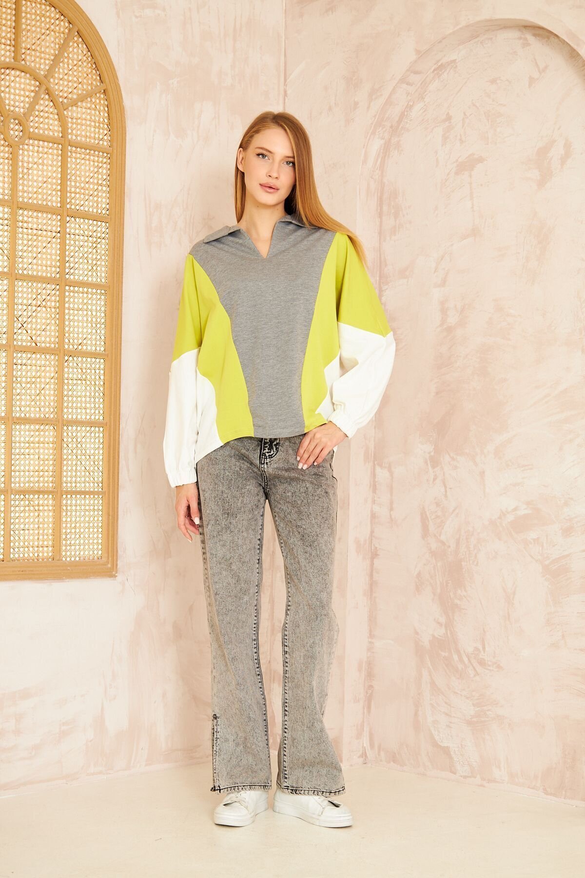 Gri Salaş Polo Yaka Yarasa Kol Lastikli Manşet Sweatshirt - Pasaklı Giyim