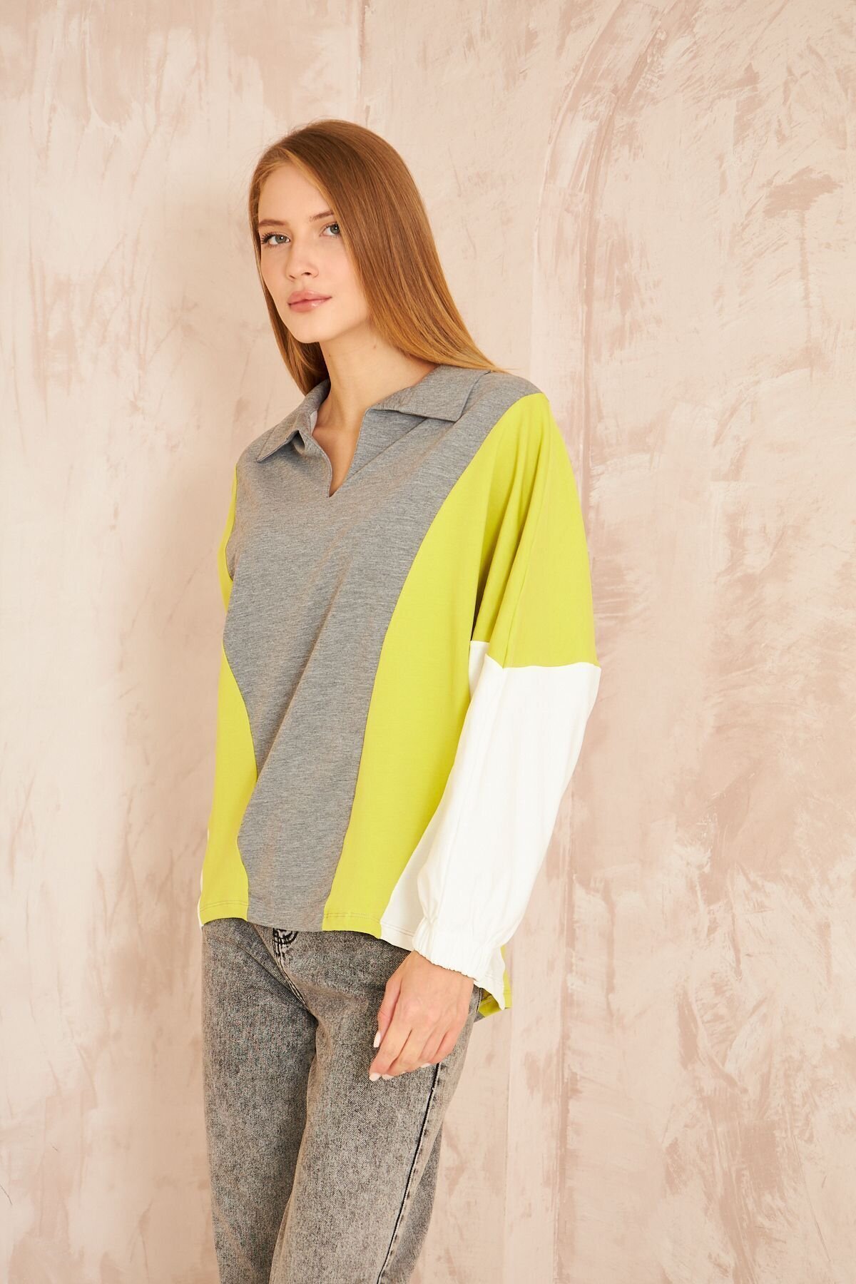 Gri Salaş Polo Yaka Yarasa Kol Lastikli Manşet Sweatshirt - Pasaklı Giyim