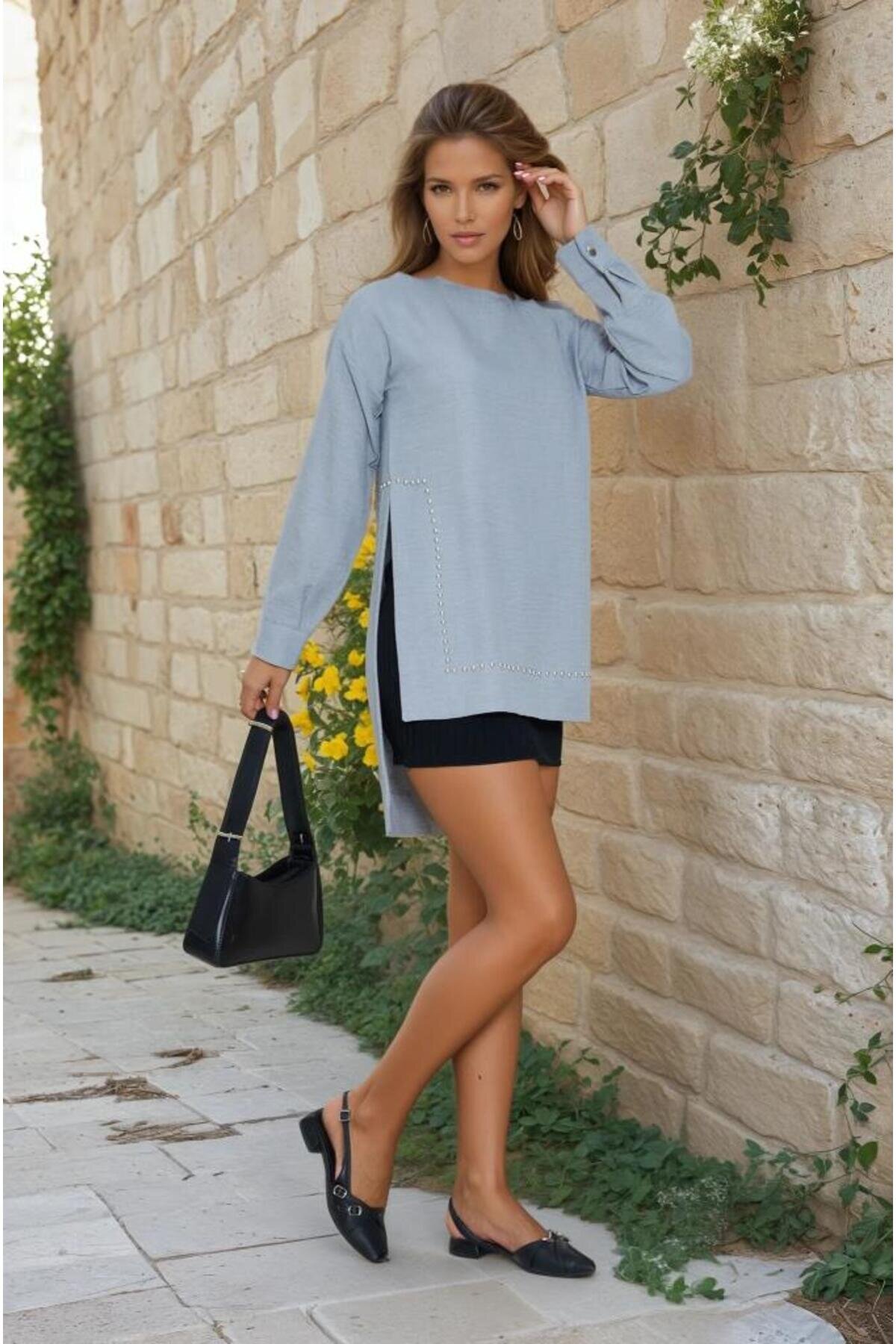 Long-Sleeved Tunic Breathable Bamboo Linen Pearl-Embellished Blouse - Grey - Pasaklı Giyim