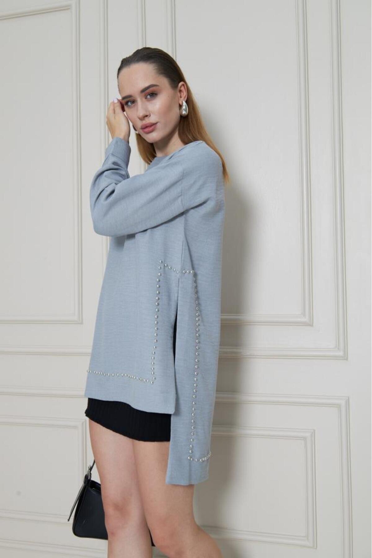 Long-Sleeved Tunic Breathable Bamboo Linen Pearl-Embellished Blouse - Grey - Pasaklı Giyim