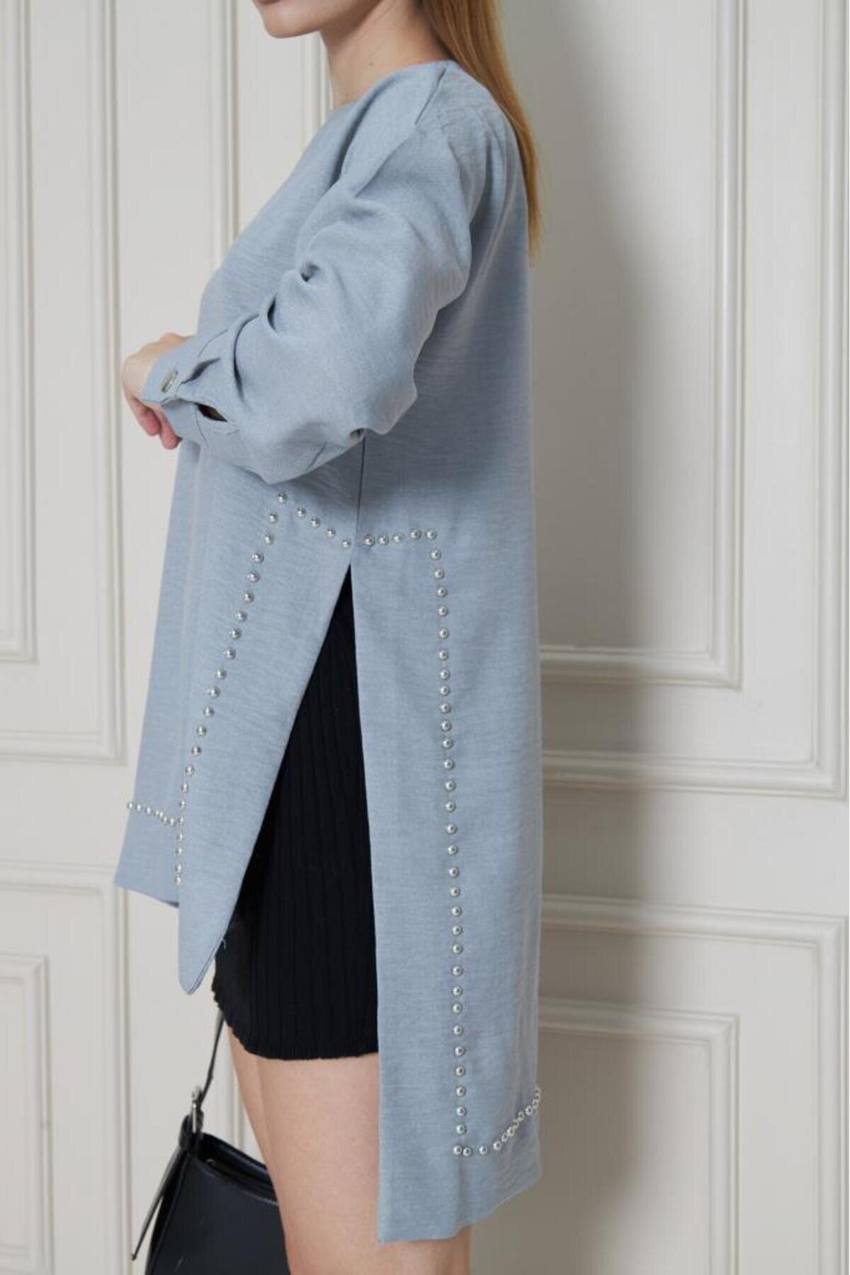 Long-Sleeved Tunic Breathable Bamboo Linen Pearl-Embellished Blouse - Grey - Pasaklı Giyim