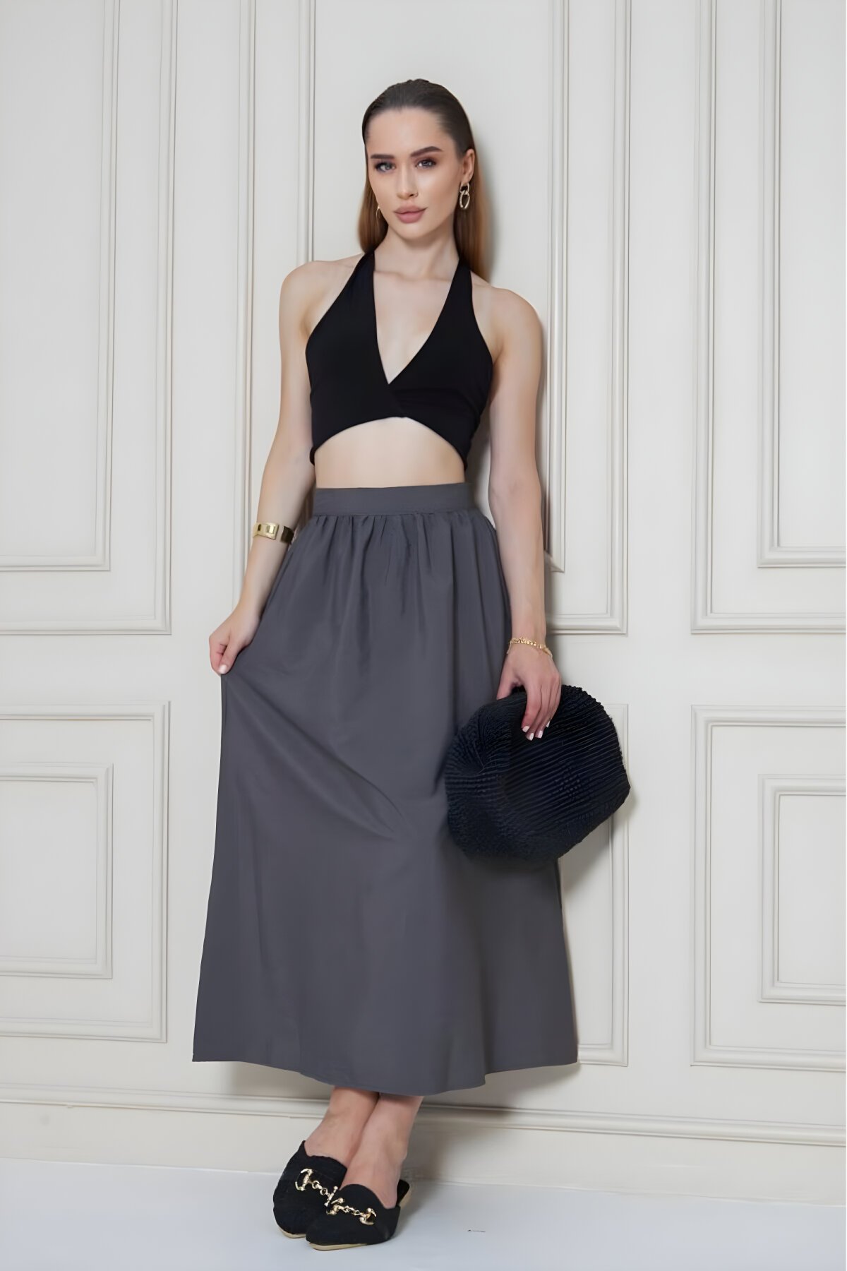 Gri Uzun Yazlık Paraşüt Kumaş Gizli Fermuarlı Etek