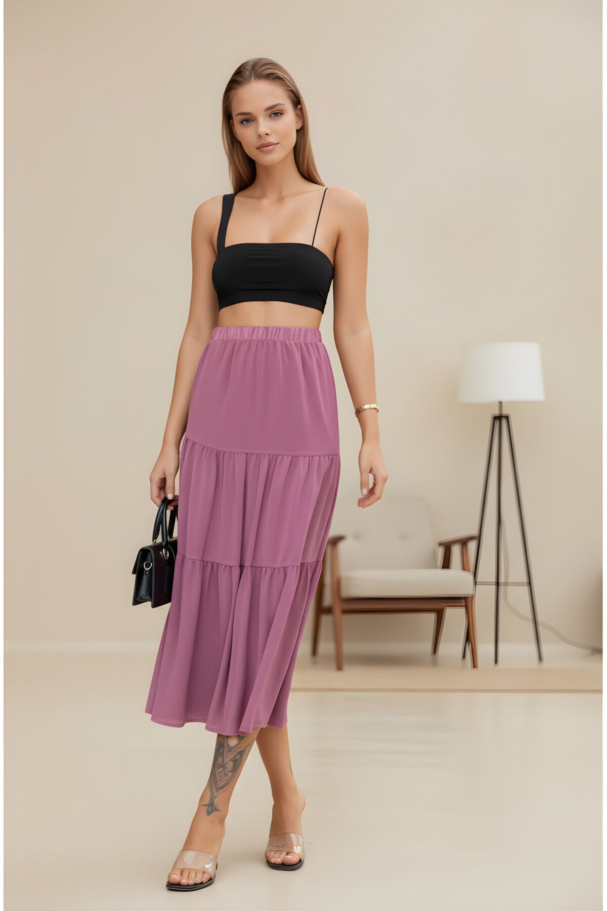 Gül Kurusu Uzun Şifon İki Katlı Beli Lastikli Etek