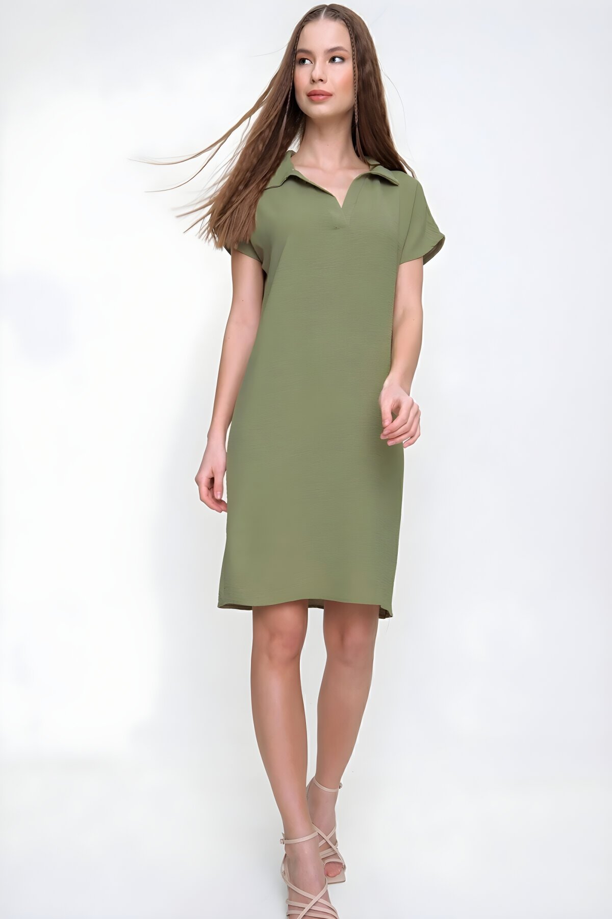 Loose Fit Short-Sleeved Polo Collar Midi Dress - Khaki - Pasaklı Giyim