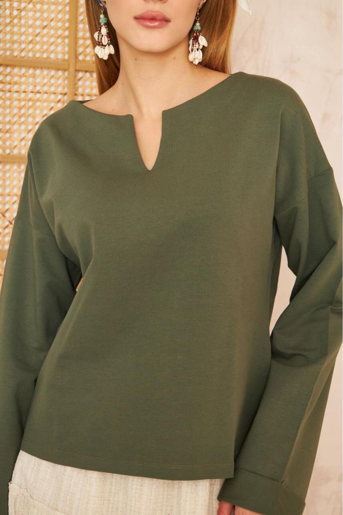 Extra Long Oversized Slit Neck Double Cuff Detail Sweatshirt - Khaki - Pasaklı Giyim