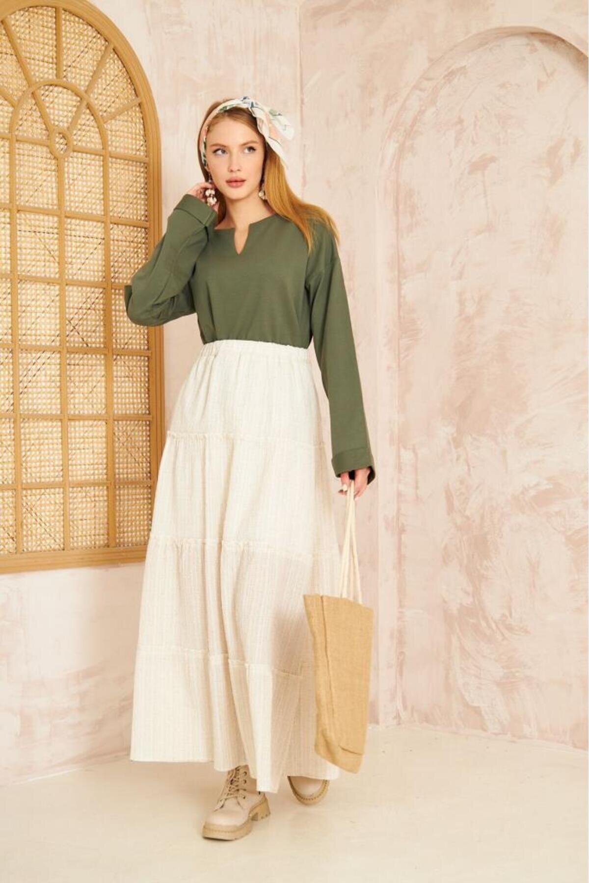 Extra Long Oversized Slit Neck Double Cuff Detail Sweatshirt - Khaki - Pasaklı Giyim