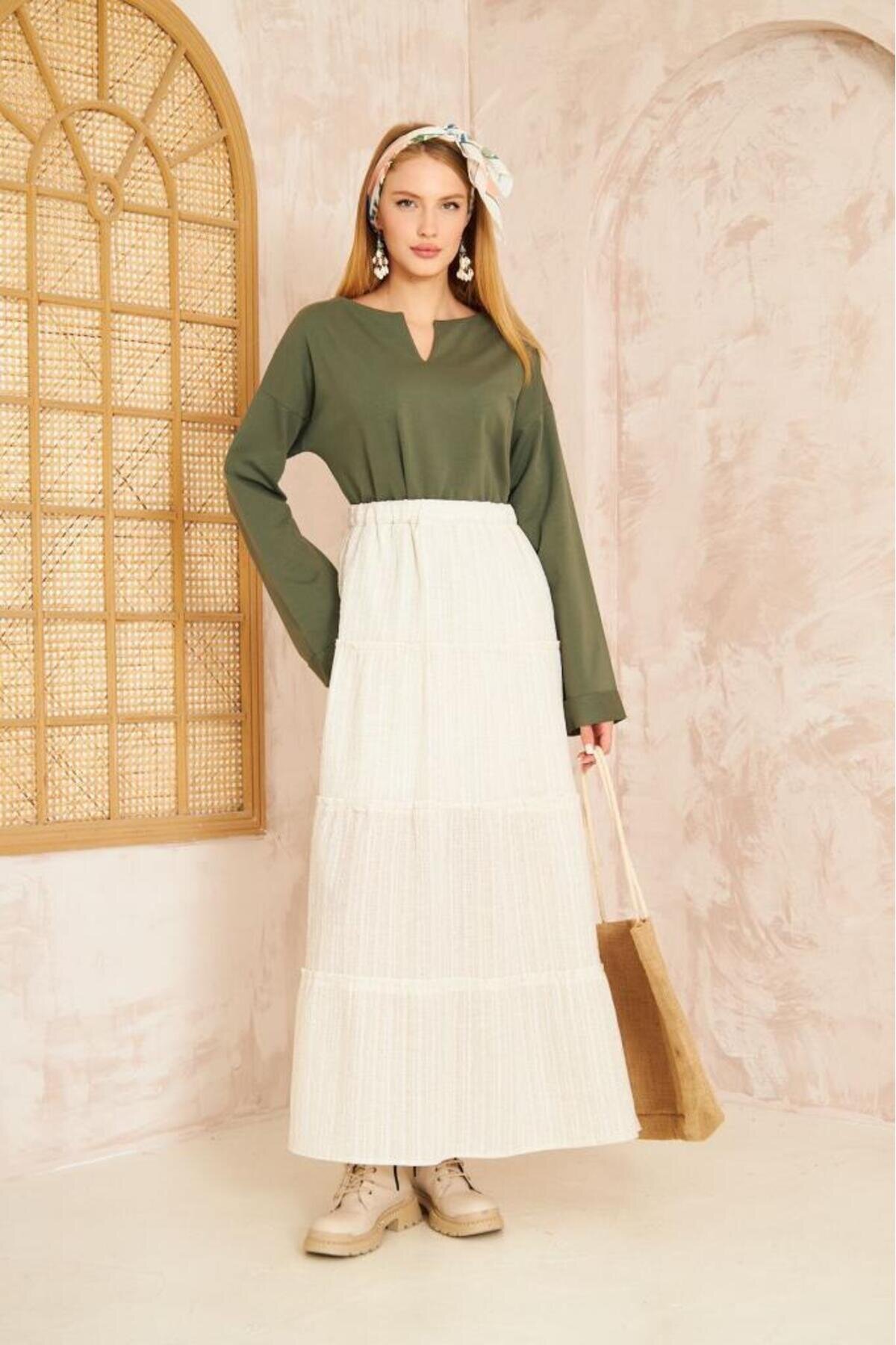 Extra Long Oversized Slit Neck Double Cuff Detail Sweatshirt - Khaki - Pasaklı Giyim