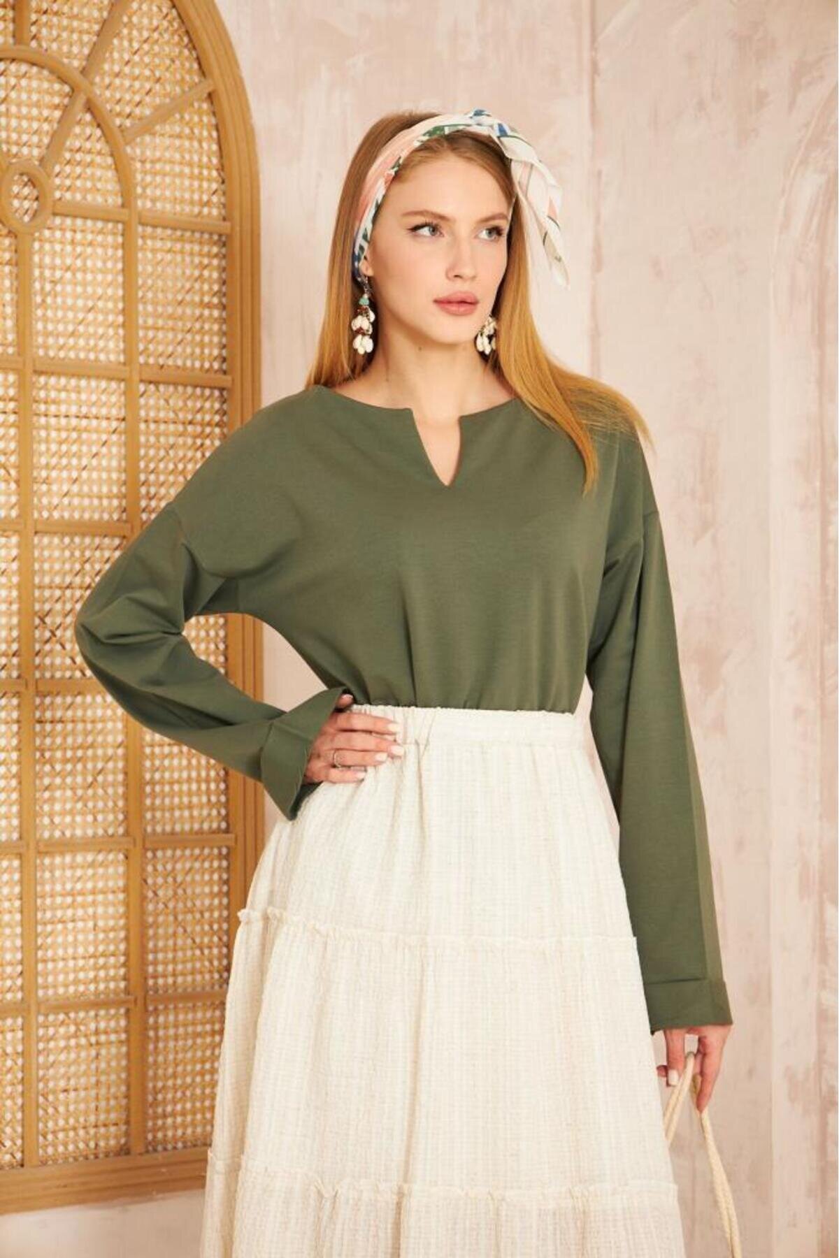 Extra Long Oversized Slit Neck Double Cuff Detail Sweatshirt - Khaki - Pasaklı Giyim
