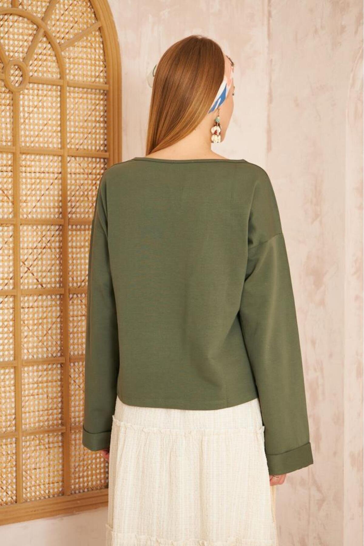 Extra Long Oversized Slit Neck Double Cuff Detail Sweatshirt - Khaki - Pasaklı Giyim