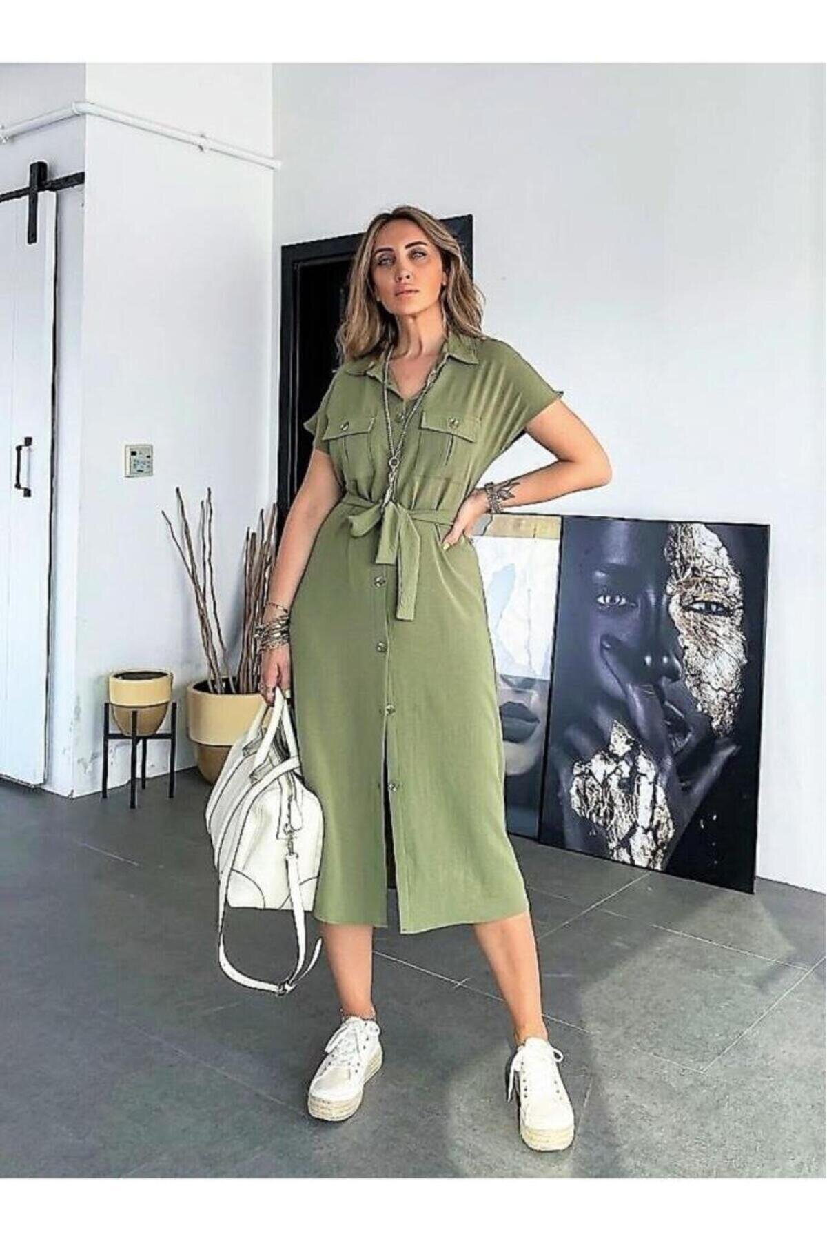 فستان ميدي صيفي بأكمام قصيرة لون كاكي بتصميم قميص بأزرار - Pasaklı Giyim