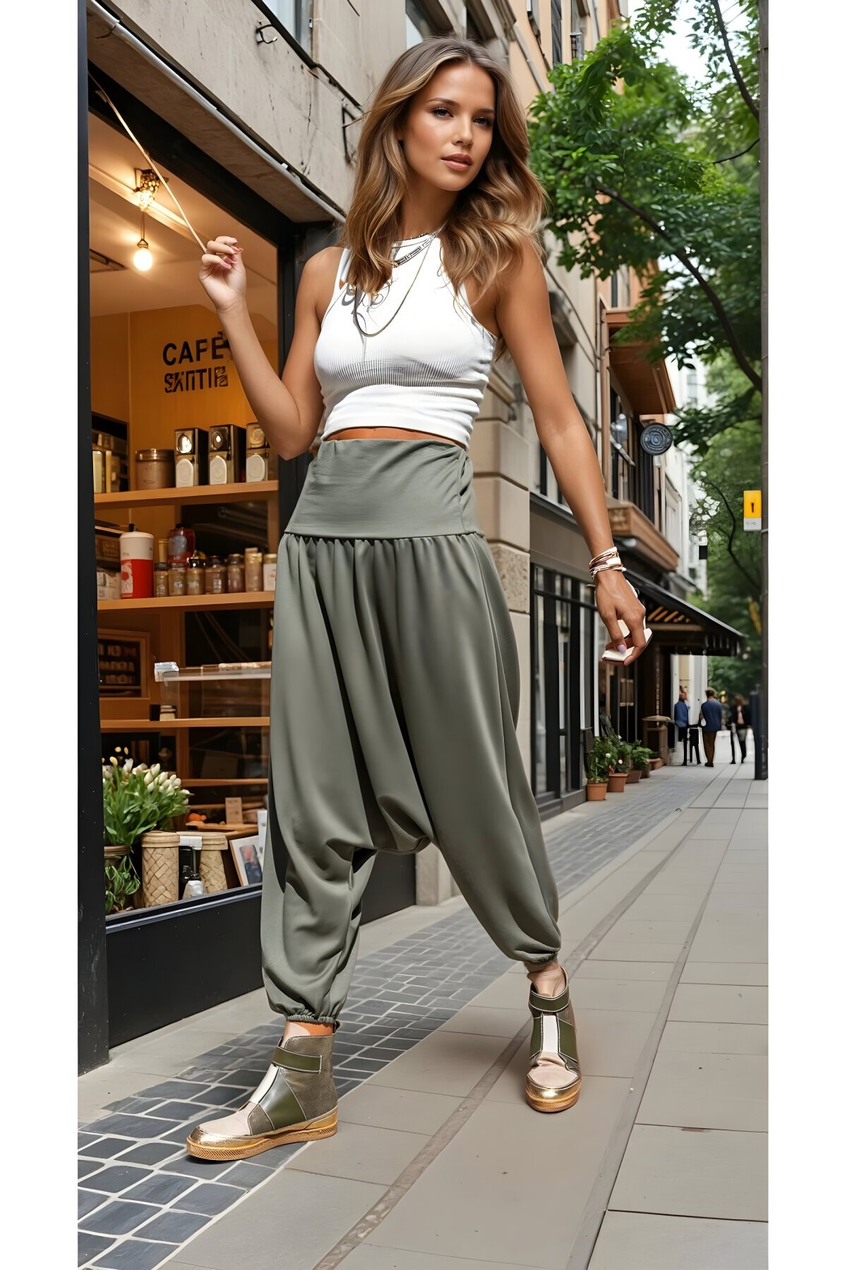 Haki Salaş Bol Düşük Ağlı Yüksek Bel Viskon Beli Paçası Lastikli Şalvar Pantolon