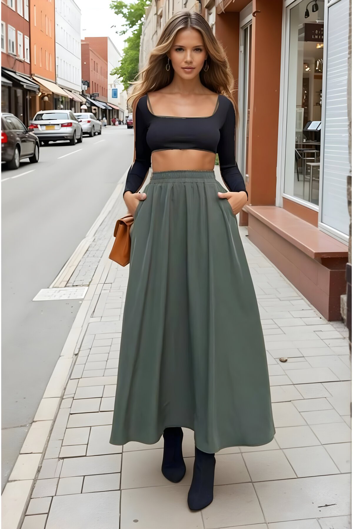 Haki Uzun A Kesim Salaş Yüksek Bel Beli Lastikli Kupra Etek