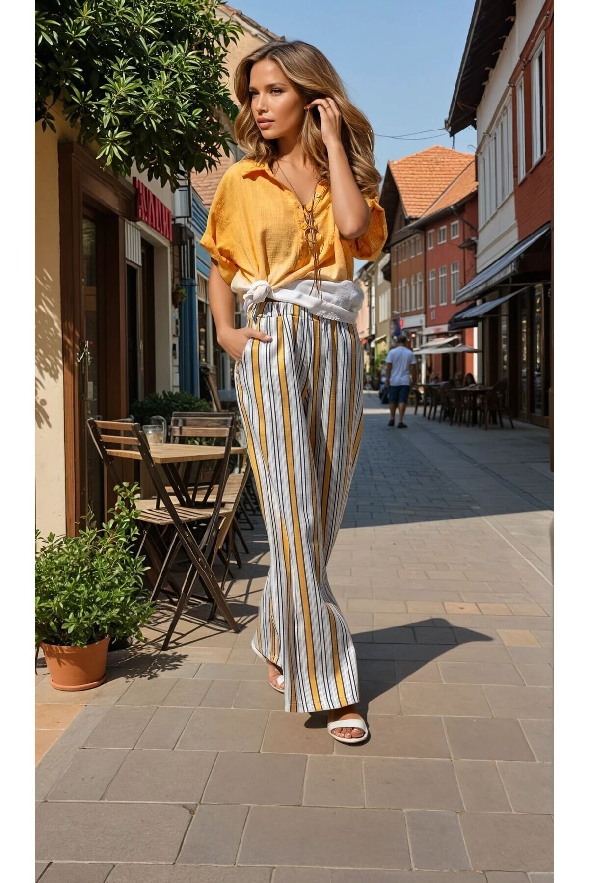 Relaxed Loose Vertical Striped Elastic Waist Pocketed Pants - Mustard Beige - Pasaklı Giyim