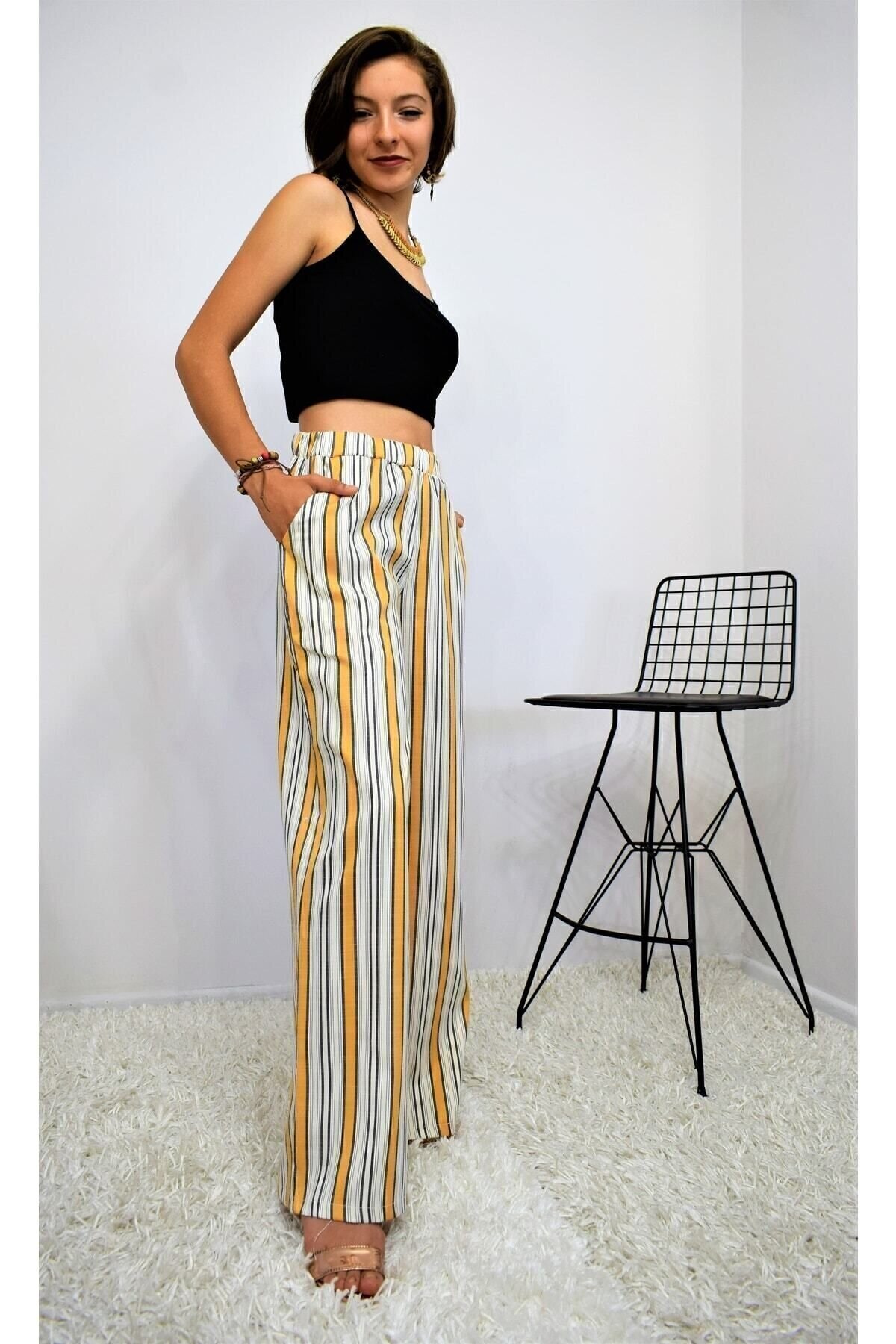 Relaxed Loose Vertical Striped Elastic Waist Pocketed Pants - Mustard Beige - Pasaklı Giyim