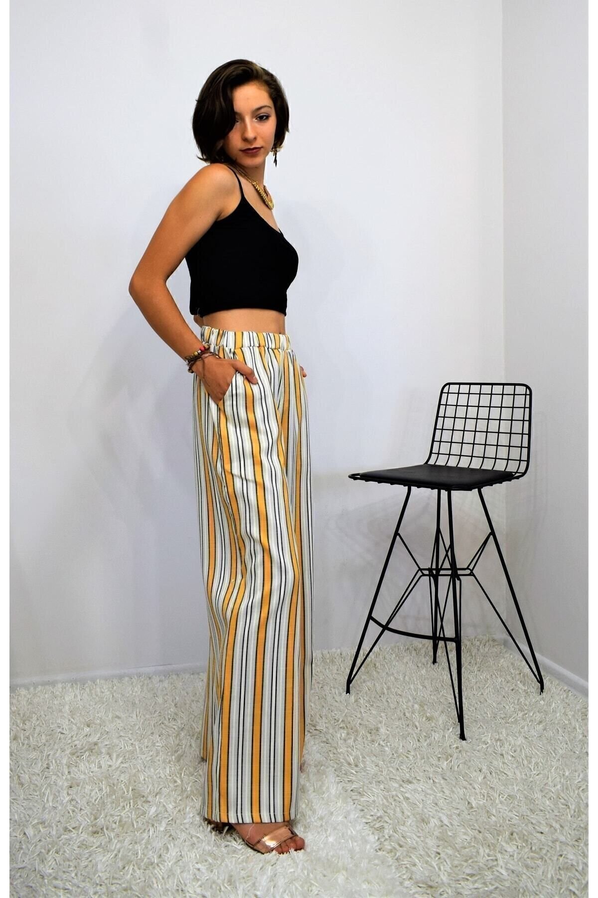 Relaxed Loose Vertical Striped Elastic Waist Pocketed Pants - Mustard Beige - Pasaklı Giyim