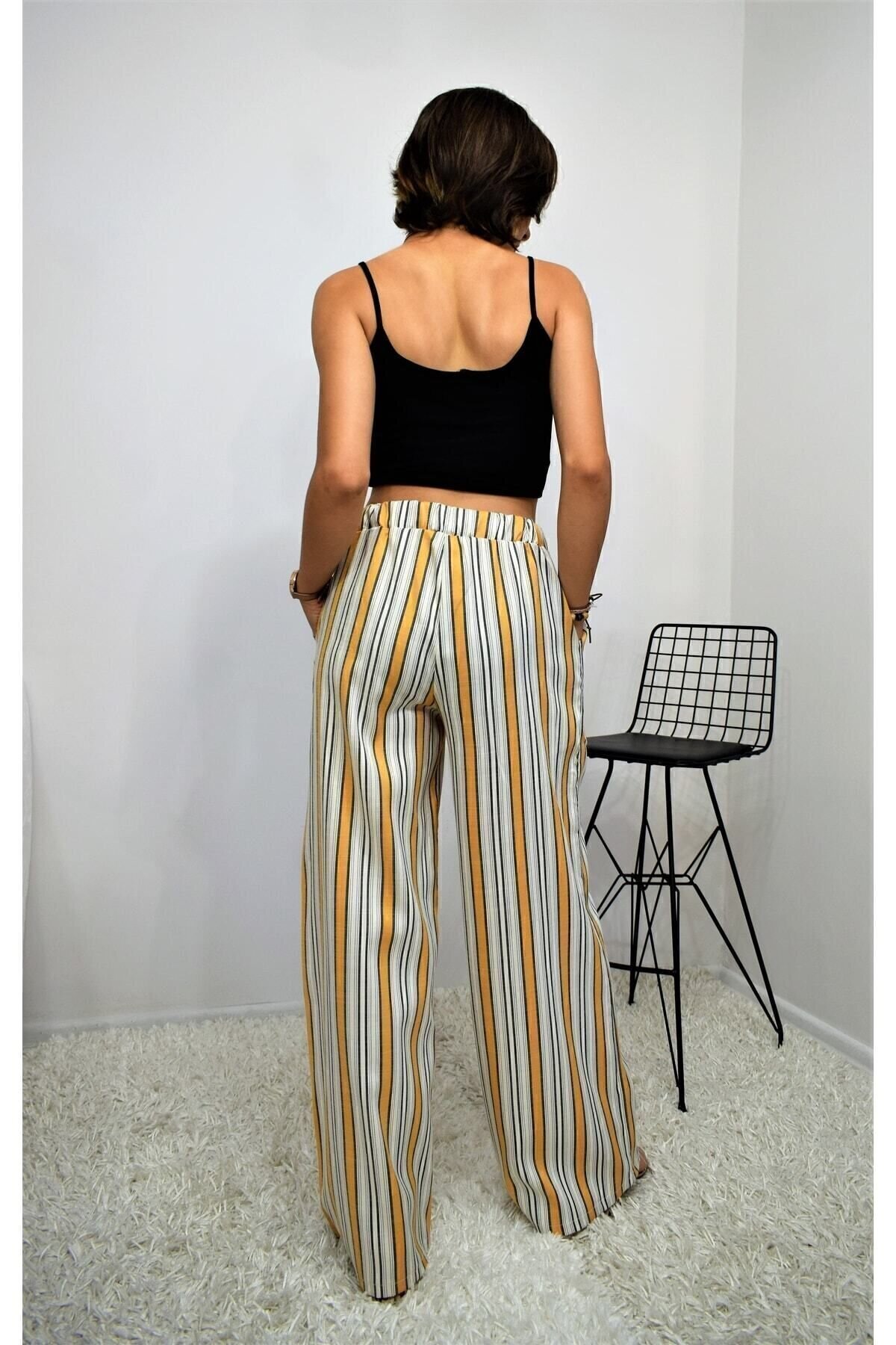 Relaxed Loose Vertical Striped Elastic Waist Pocketed Pants - Mustard Beige - Pasaklı Giyim