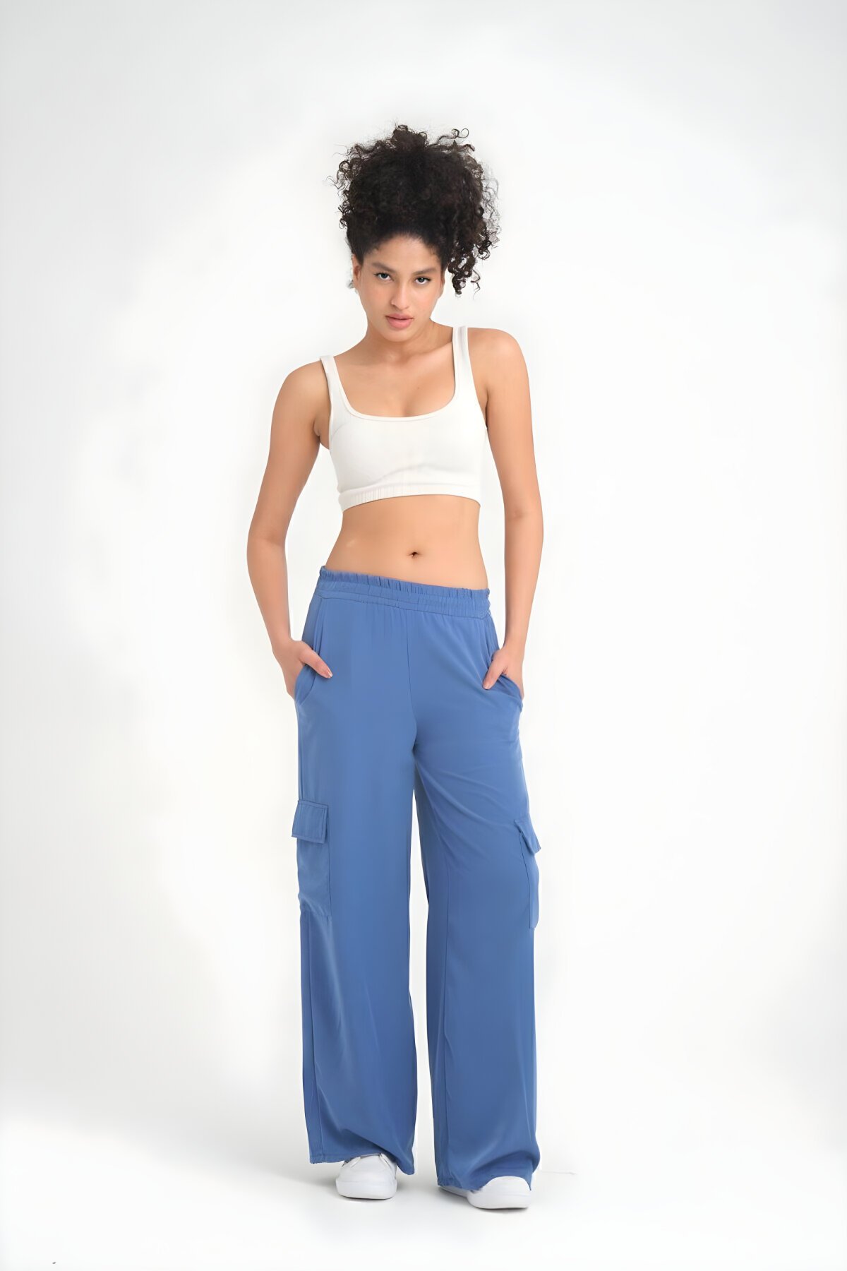 İndigo Mavi Bol Paça Kargo Kupra Kumaş Cepli Beli Lastikli Pantolon