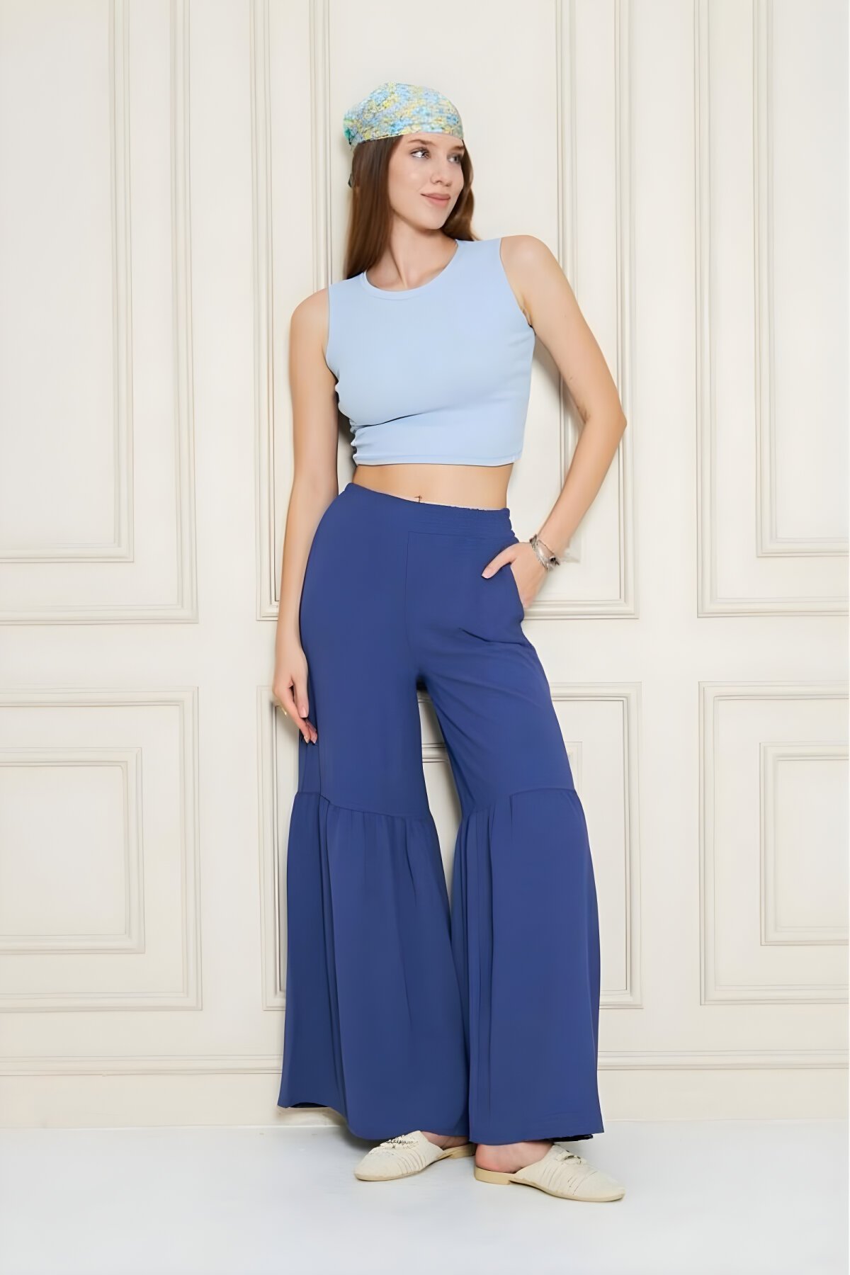 İndigo Rahat Kesim Paçası Büzgü Detaylı Beli Lastikli Aerobin Kumaş Pantolon