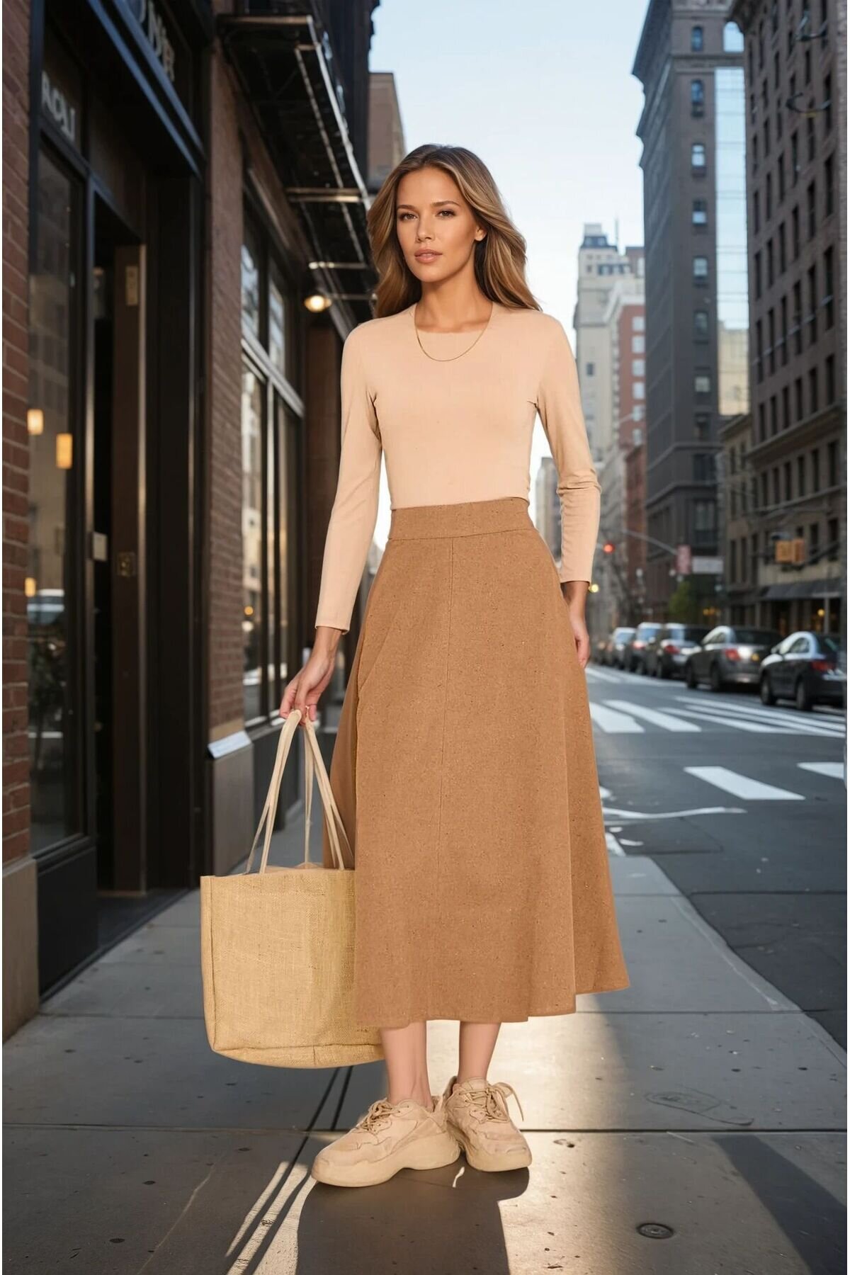 Long Slim-Fit High-Waisted Flare Cachet-Textured Pocketed Skirt - Brown - Pasaklı Giyim