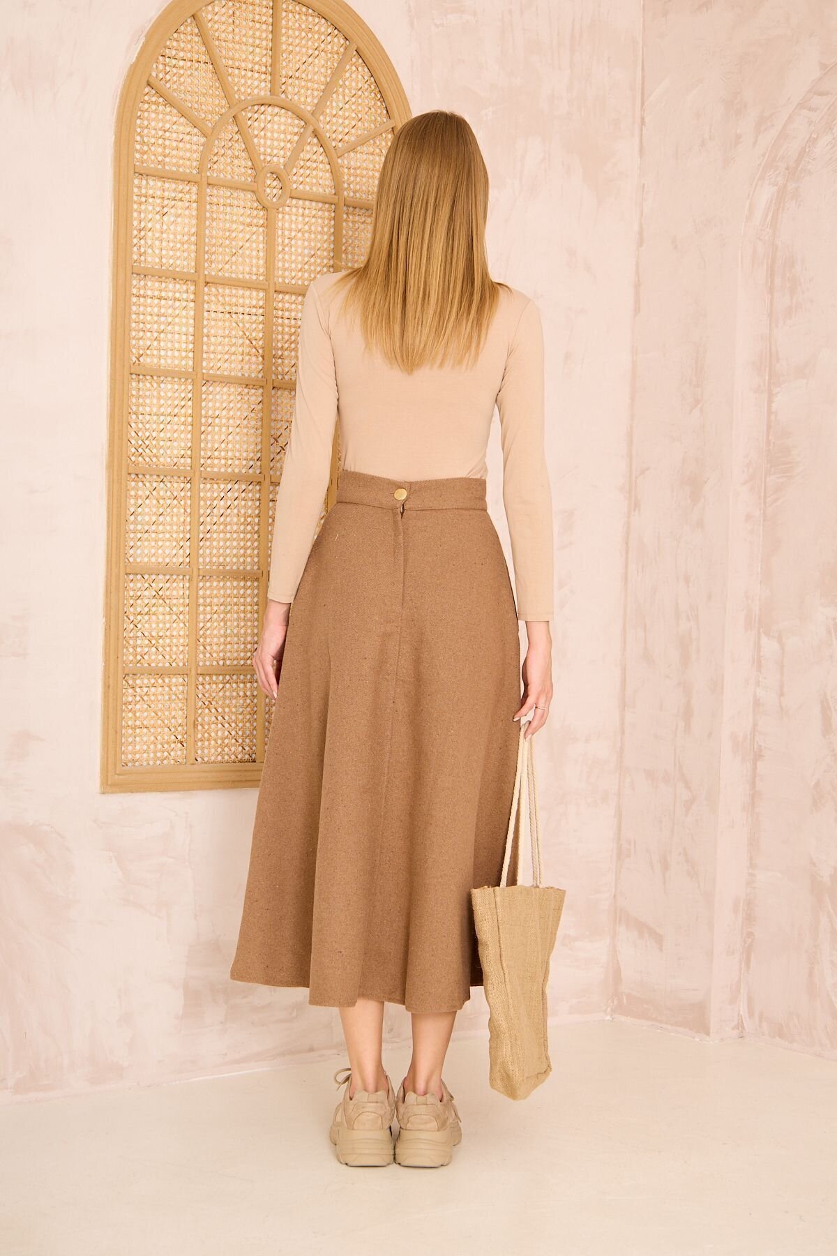 Long Slim-Fit High-Waisted Flare Cachet-Textured Pocketed Skirt - Brown - Pasaklı Giyim