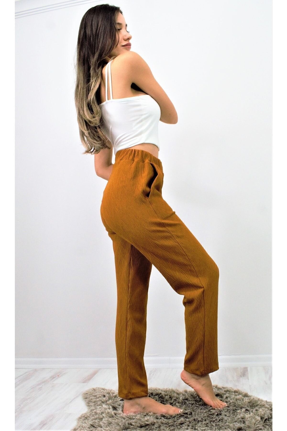 High-Waist Relaxed Soft-Textured Stretchy Elasticated Waist Pants - Brown - Pasaklı Giyim