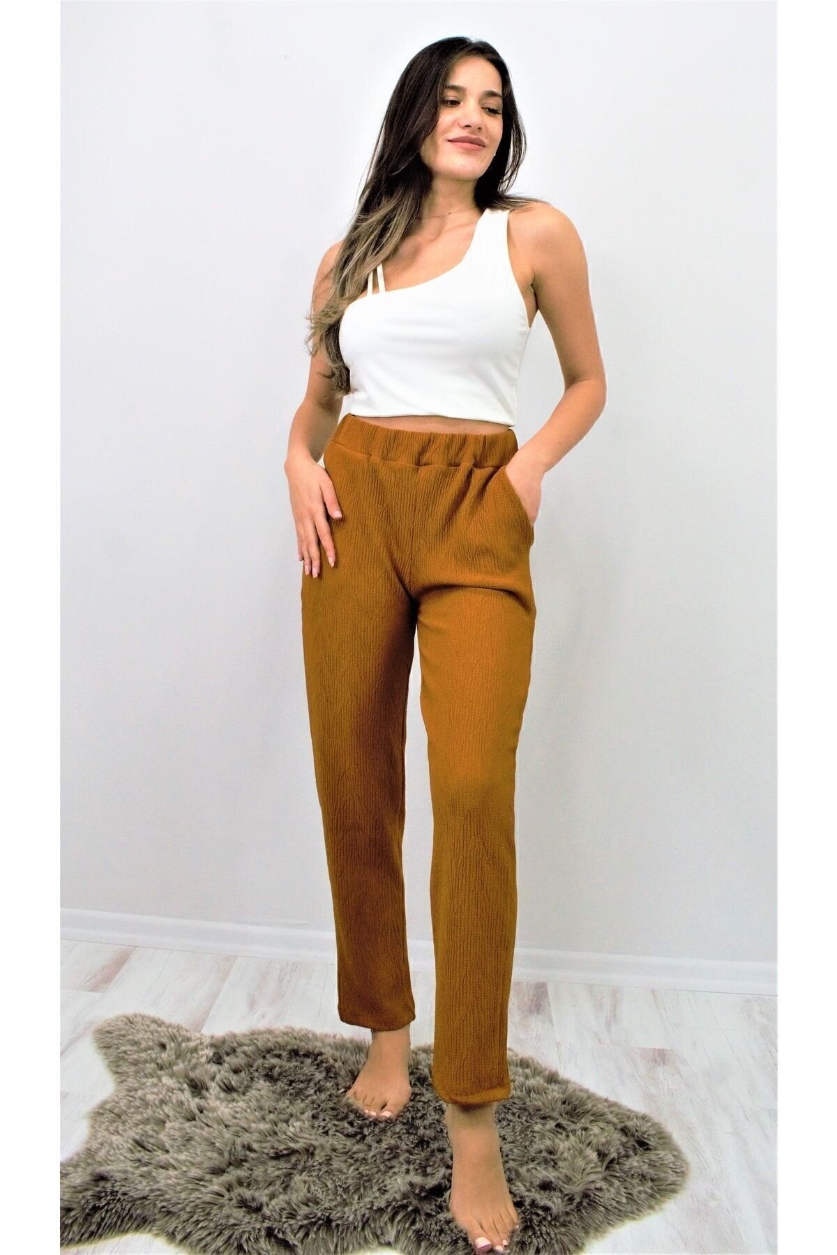 High-Waist Relaxed Soft-Textured Stretchy Elasticated Waist Pants - Brown - Pasaklı Giyim