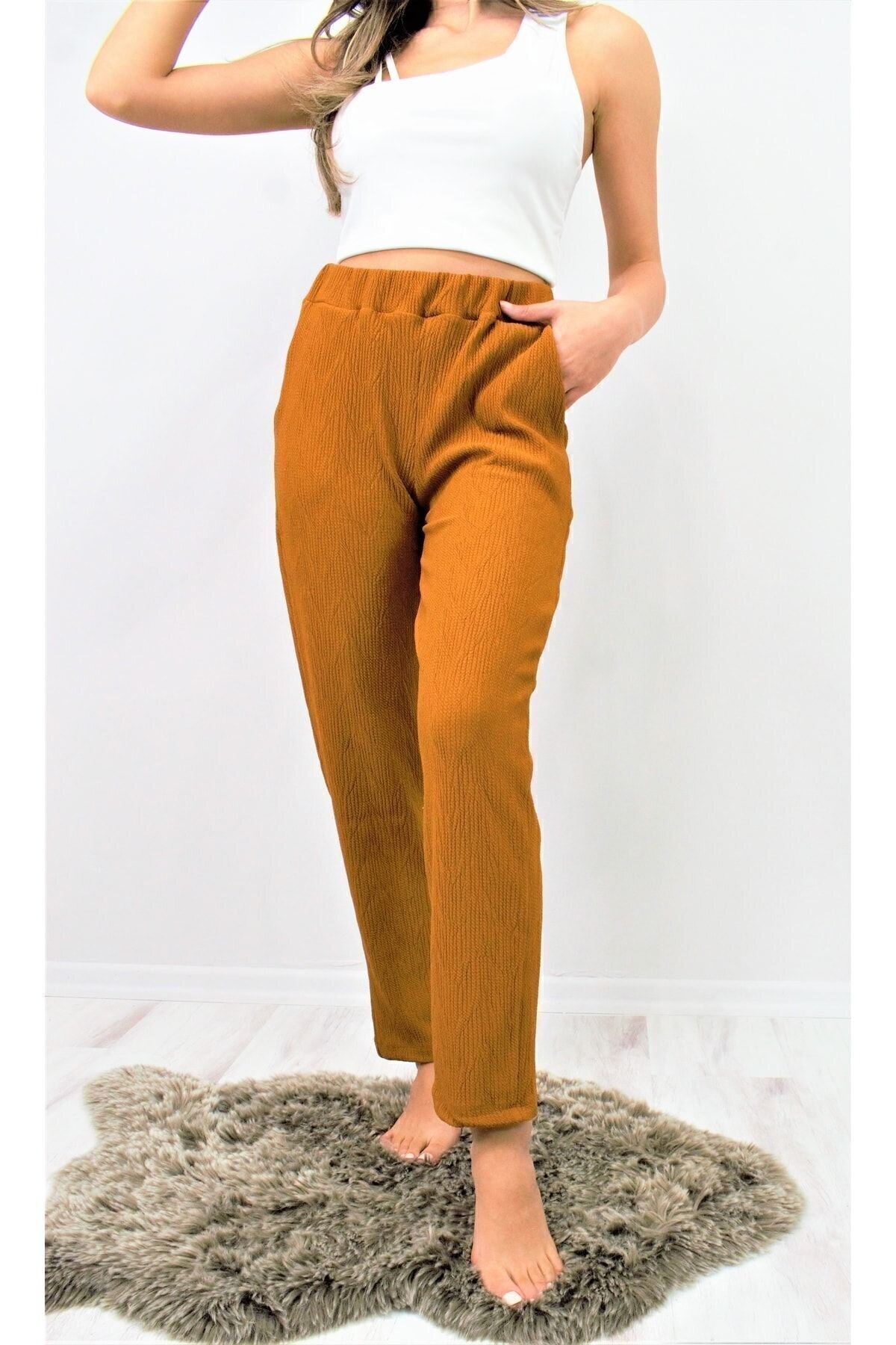 High-Waist Relaxed Soft-Textured Stretchy Elasticated Waist Pants - Brown - Pasaklı Giyim