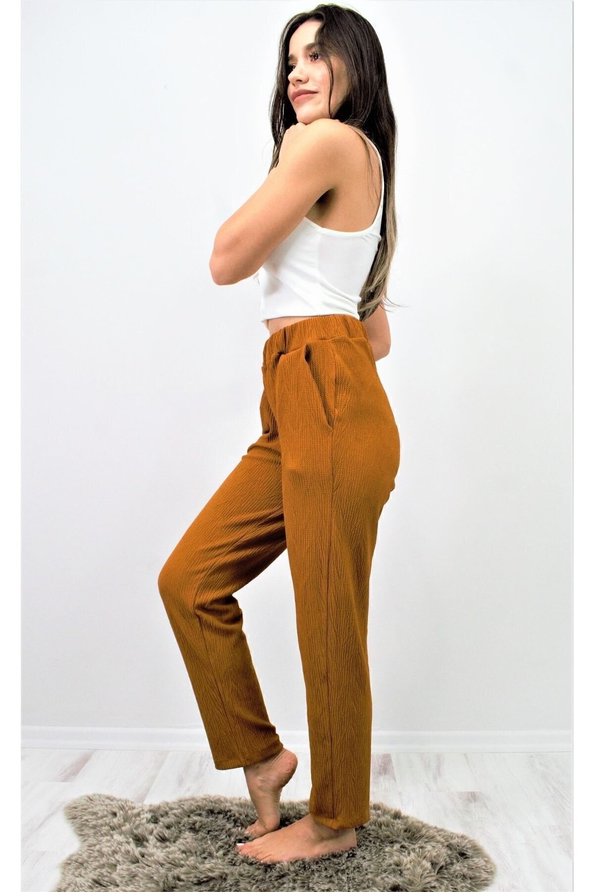 High-Waist Relaxed Soft-Textured Stretchy Elasticated Waist Pants - Brown - Pasaklı Giyim