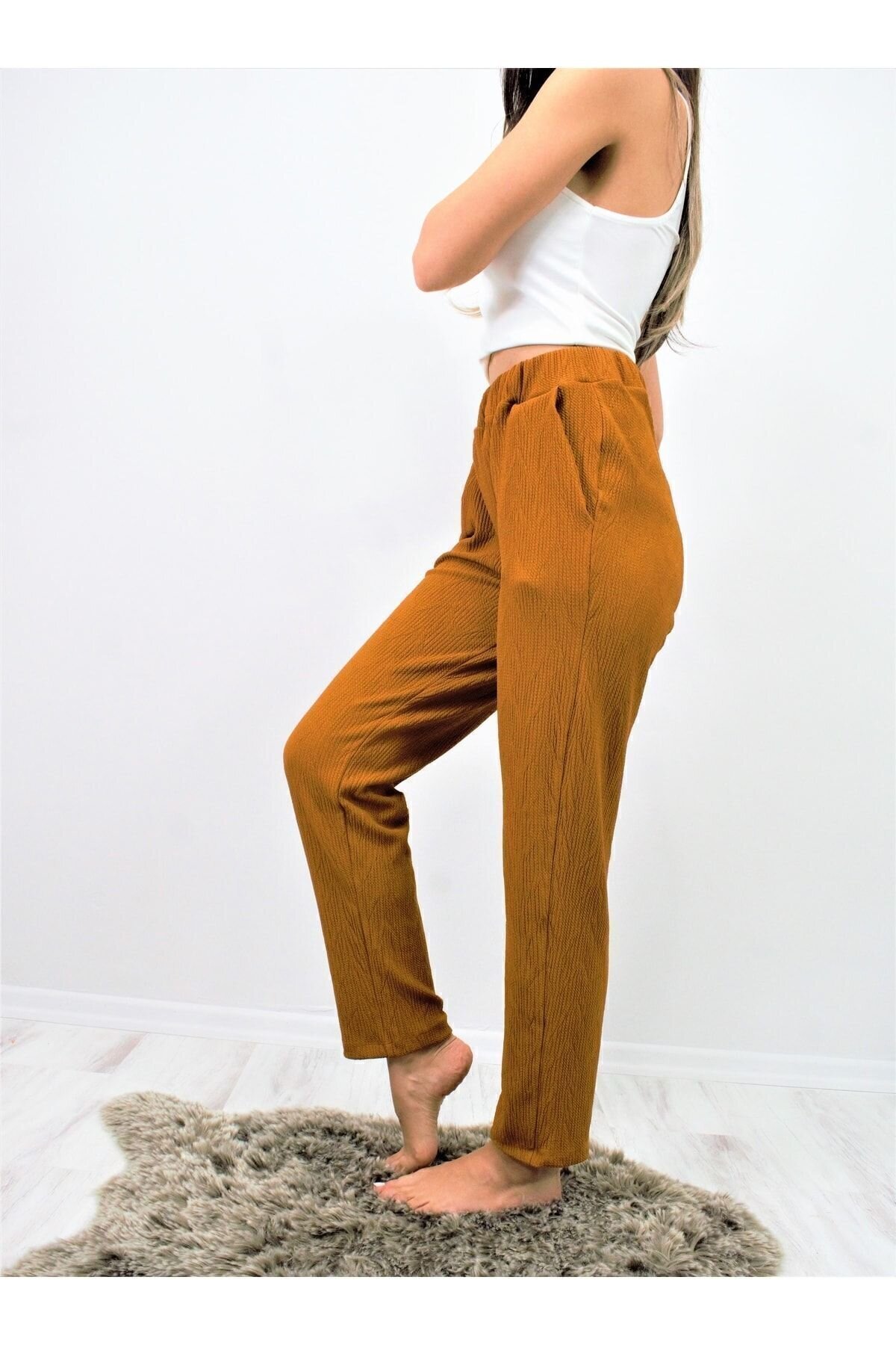 High-Waist Relaxed Soft-Textured Stretchy Elasticated Waist Pants - Brown - Pasaklı Giyim