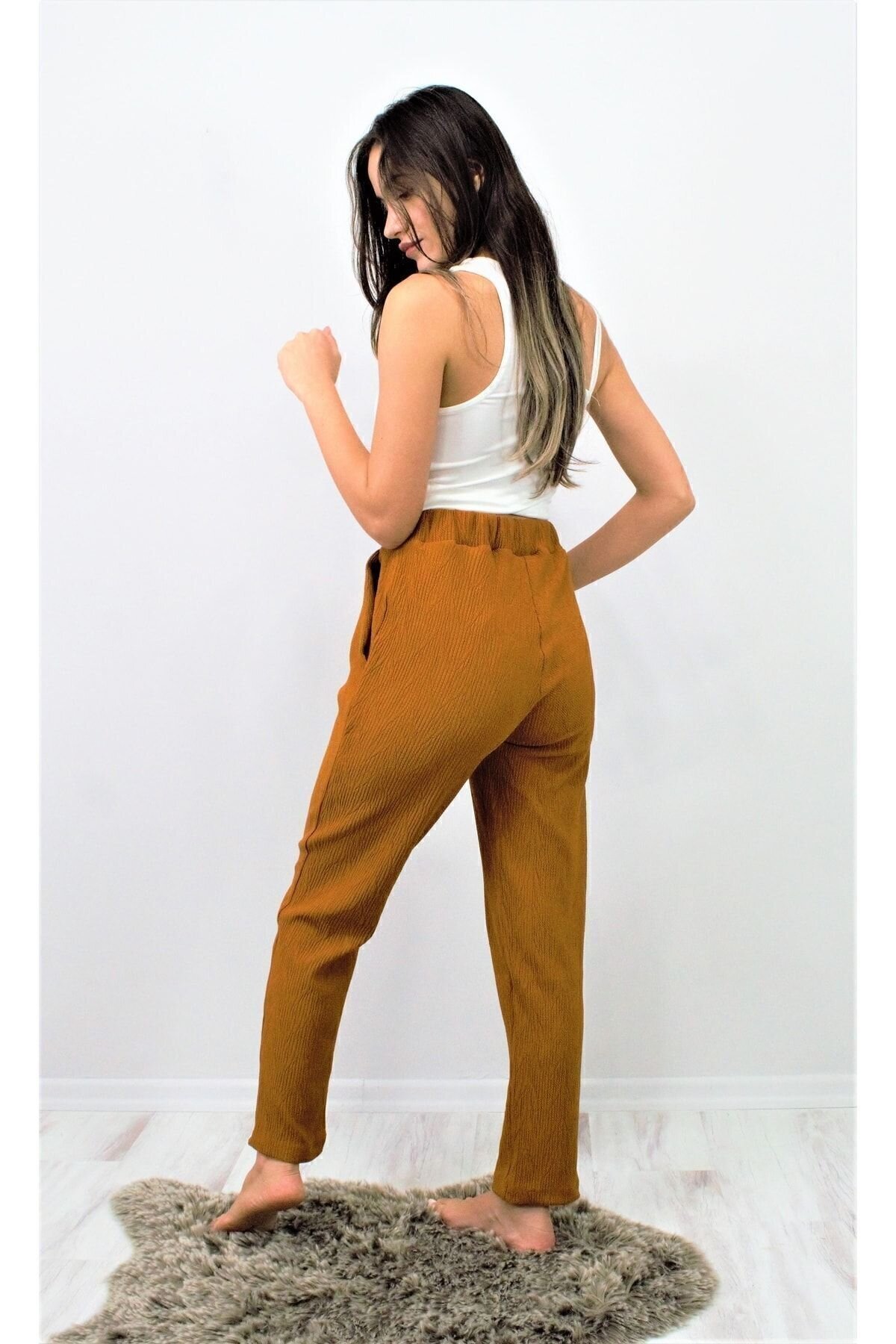 High-Waist Relaxed Soft-Textured Stretchy Elasticated Waist Pants - Brown - Pasaklı Giyim