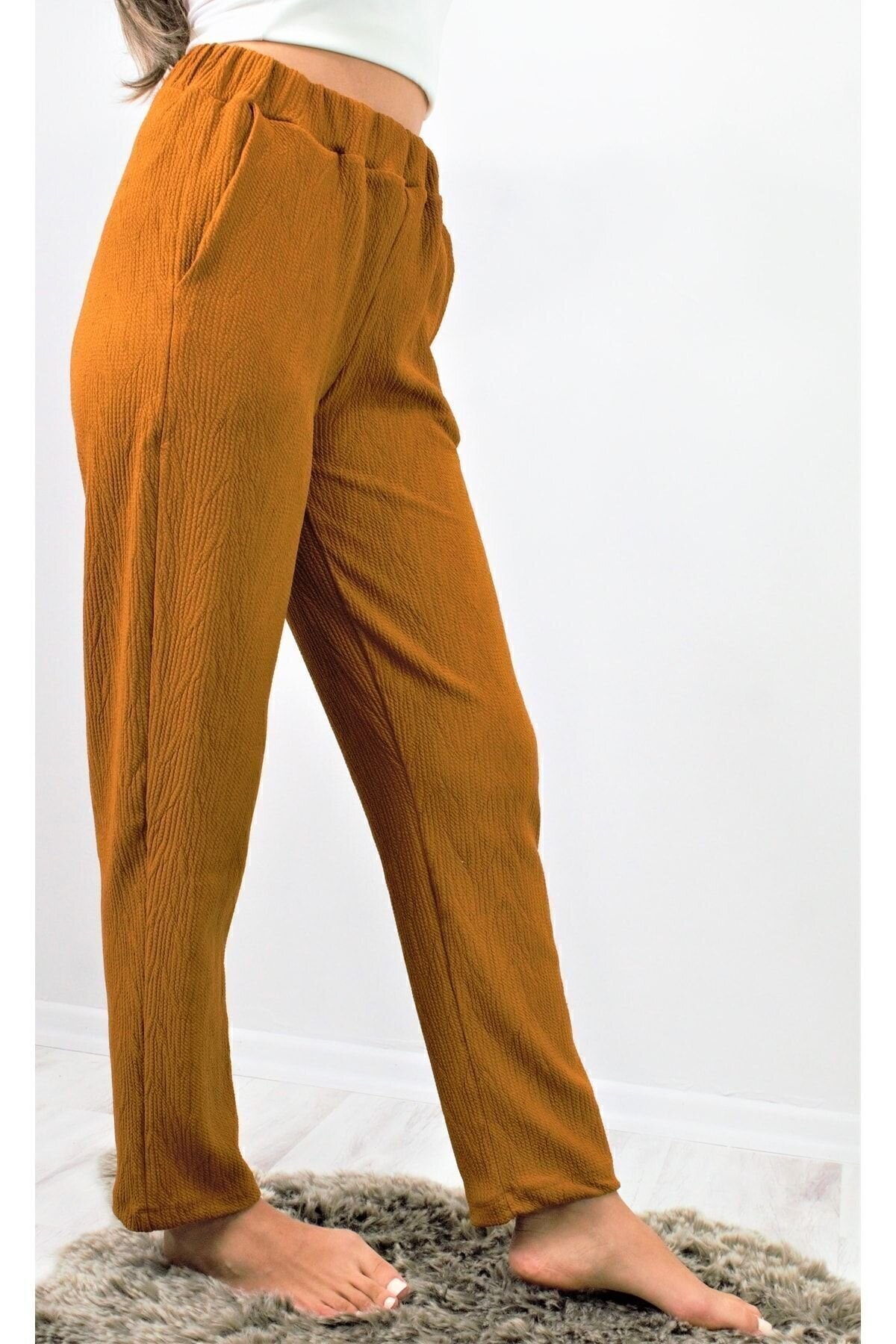 High-Waist Relaxed Soft-Textured Stretchy Elasticated Waist Pants - Brown - Pasaklı Giyim