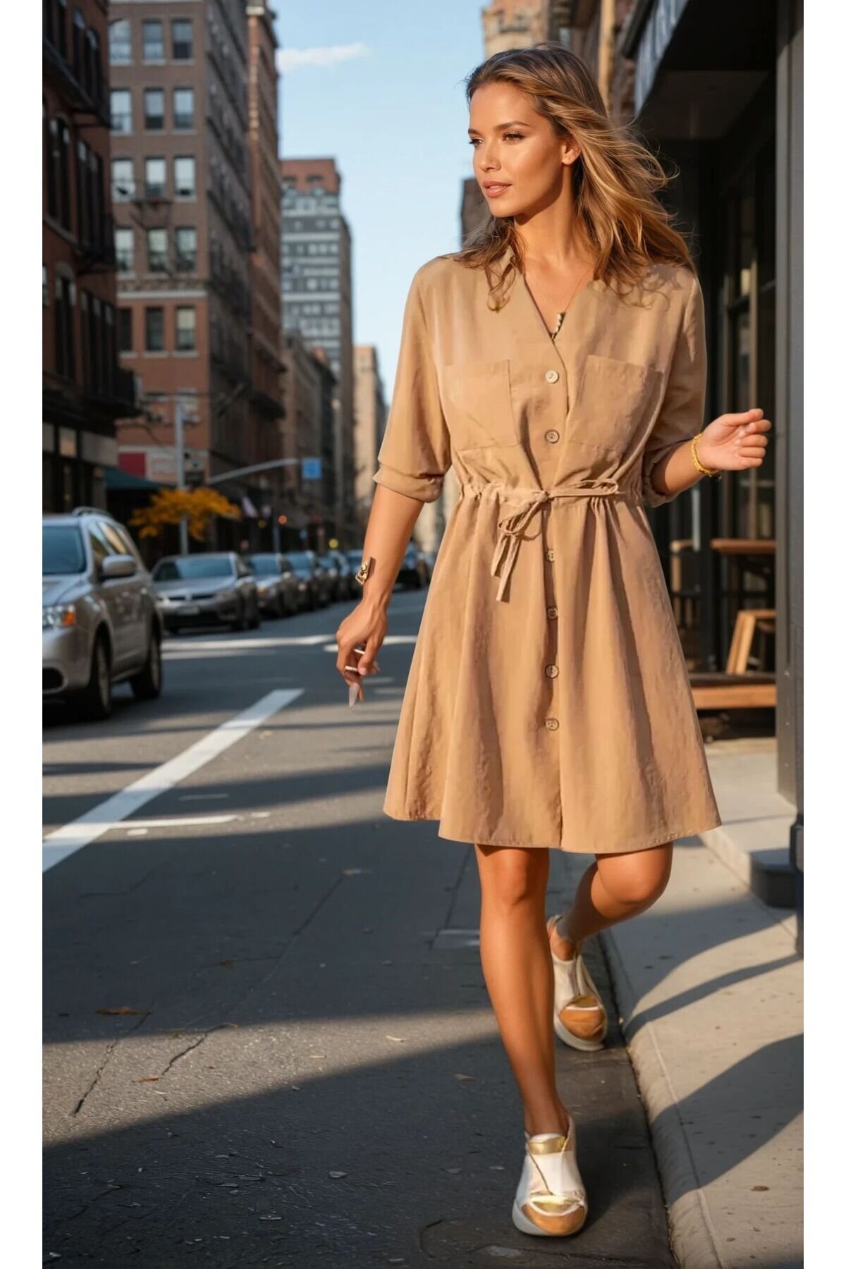 Midi Relaxed Cupro Long-Sleeve Tie-Waist Dress - Caramel - Pasaklı Giyim