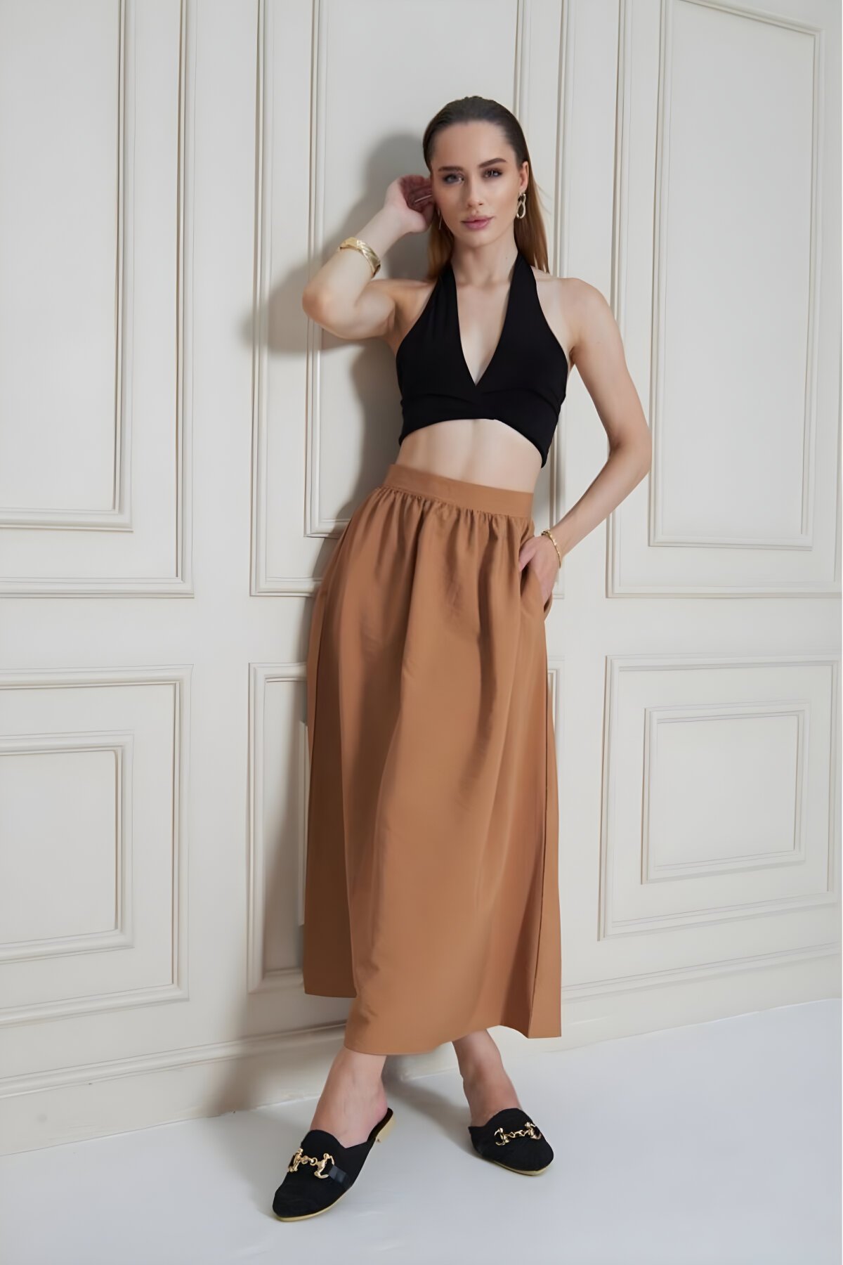 Karamel Uzun Yazlık Paraşüt Kumaş Gizli Fermuarlı Etek